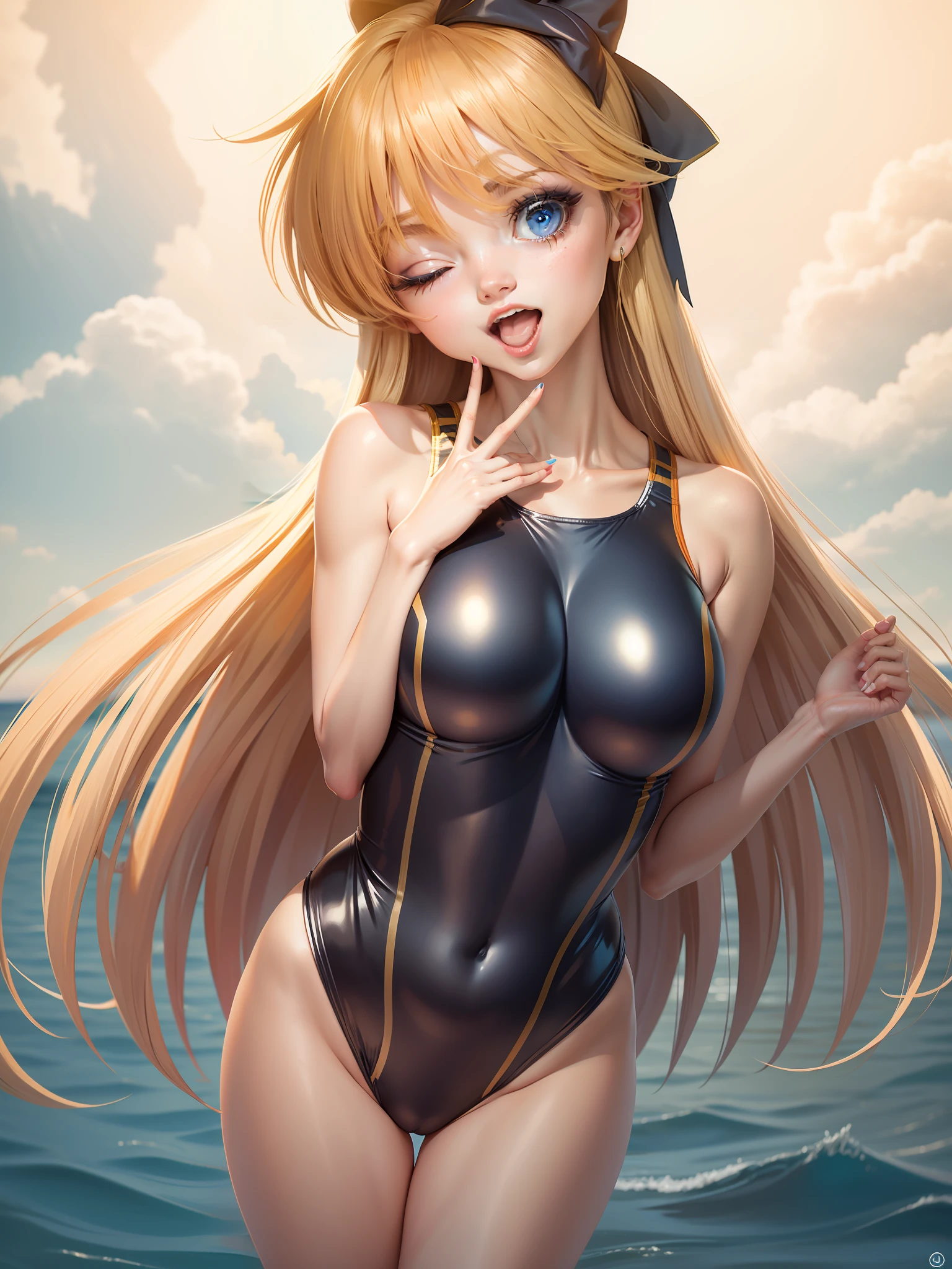 aino_minako、1girl、aunty、mature、A MILF、Older、age 40s、MILF、solo、blonde_hair、one_eye_closed、long_hair、rating:safe、one-piece_swimsuit、orange_tanksuit 、gold_tanksuit、competition_swimsuit、orange_competion_swimsuit、gold_competion_swimsuit、swimsuit、highleg_swimsuit、breasts、lagre_breasts、big_breasts、bow、shiny、hair_bow、red_head_ribbon、blue_eyes、shiny_clothes、grey_background、half_updo、red_bow、open_mouth、erection_nipples、sailor_venus、shiny_skin、covered_navel、cowboy_shot、smile、thigh_gap、shiny_hair、outdoors、ocean