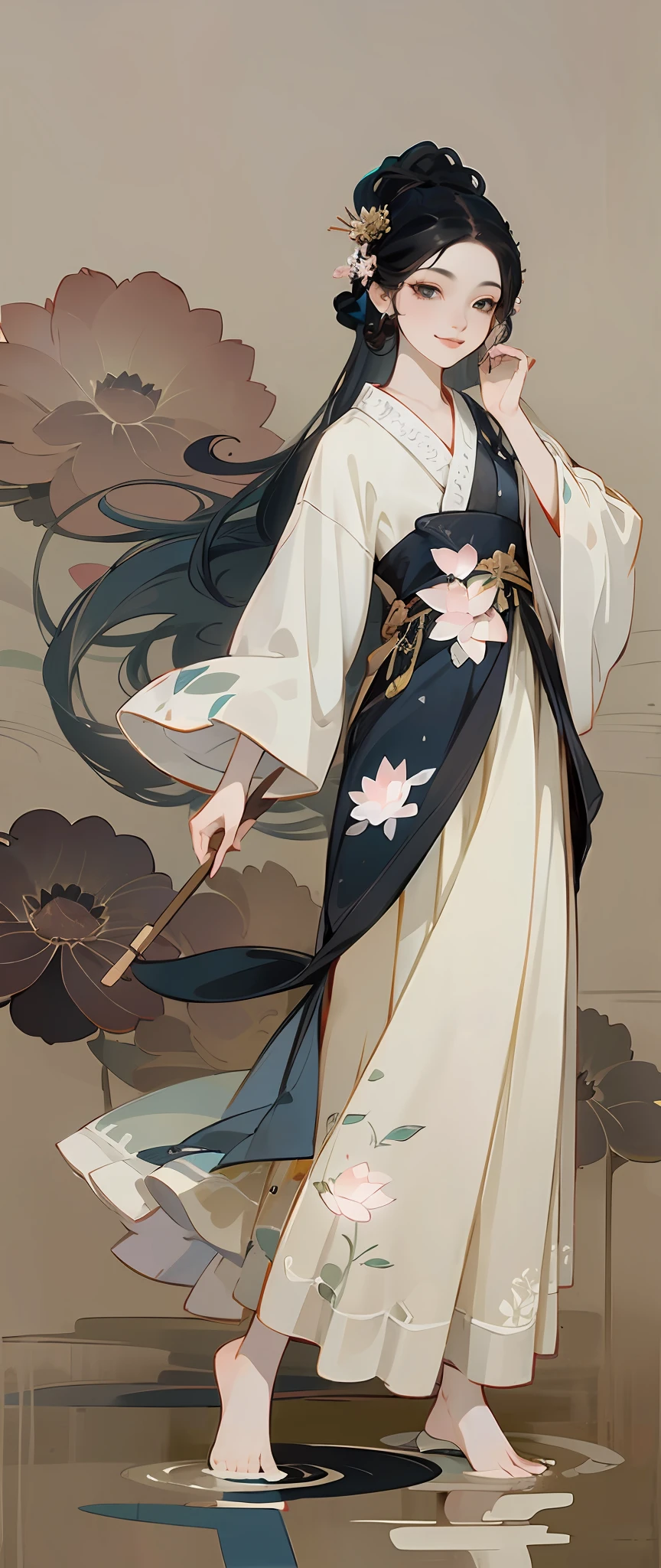 ((4k,masterpiece,best quality)), shuimobysim, traditional chinese ink painting, lotus, hanfu, maxiskit, dress conservatively 1girl, solo, long blue hair, smile, standing, feet in the water, barefoot, --auto --s2