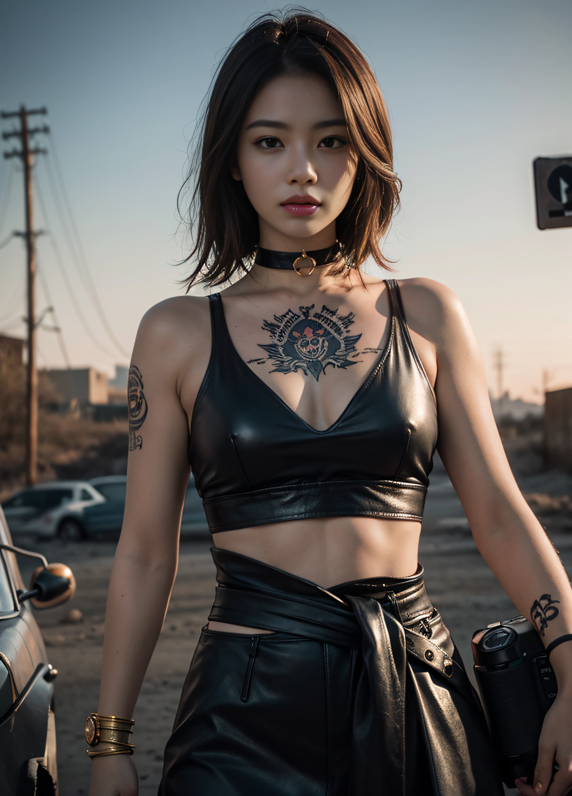 Top image quality、超A high resolution、The ultra -The high-definition、Photoquality(photographrealistic:1.8)、pores、accuracy、Post-war world、Wasteland、Mad MAX、red hairs、Oriental Woman、30-years old、skin tanned、barechested、Tattoos that look like you're wearing clothes、Smaller chest、Exciting leather skirt、Leather choker、Gold Bracelet、 holding a pistol in hand、Hanging a knife on the waist、numerous tattoos on the upper body,、skull、skeletal、