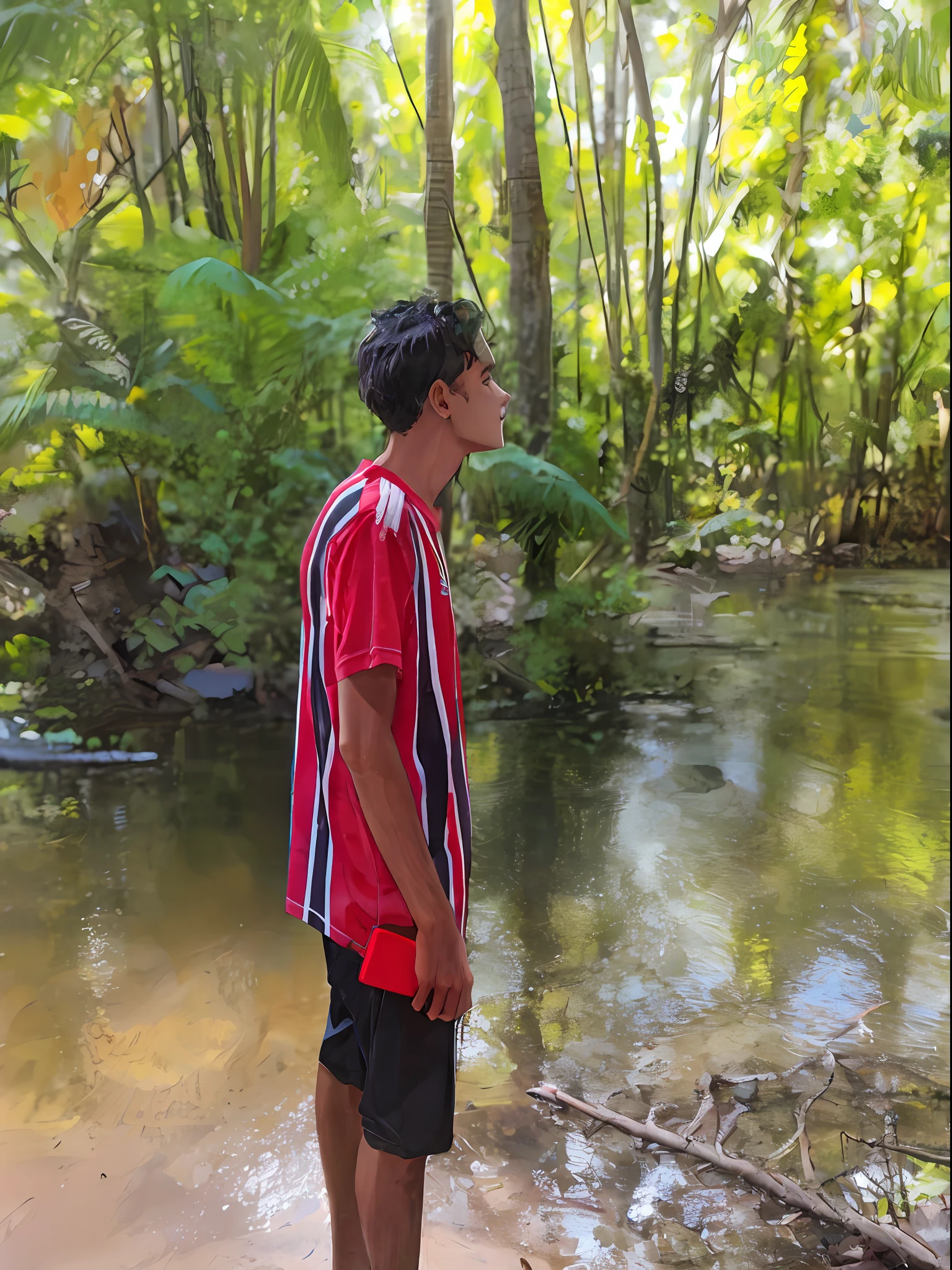 There is a man standing on a rock in the middle of a river, em um rio na selva, standing in a shallow river, em uma floresta tropical, River in front of you, em frente a um fundo de floresta, em um ambiente de selva, em uma floresta de selva, standing next to water, Selvas ao fundo, em uma selva, na floresta da selva