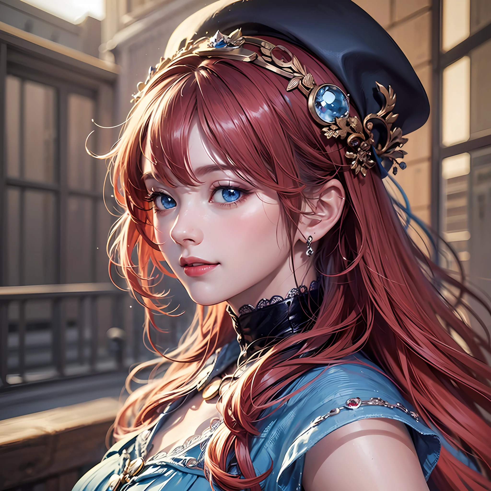(8K, top quality, masterpiece: 1.2), (Realistic, Photorealistic, Photorealistic: 1.37), woman in blue dress with long hair, red hair, beautiful character painting, detailed digital anime art, Gwise style artwork, detailed portrait of anime girl, Rostran 8K, stunning character art, There are 2 photorealistic anime girl renderings. 5D CGI Anime Fantasy Artwork, Beautiful Digital Artwork, 8k High Quality Detail Art, Beautiful Anime Portrait, Smile, Blue Eyes, Blue Eyes