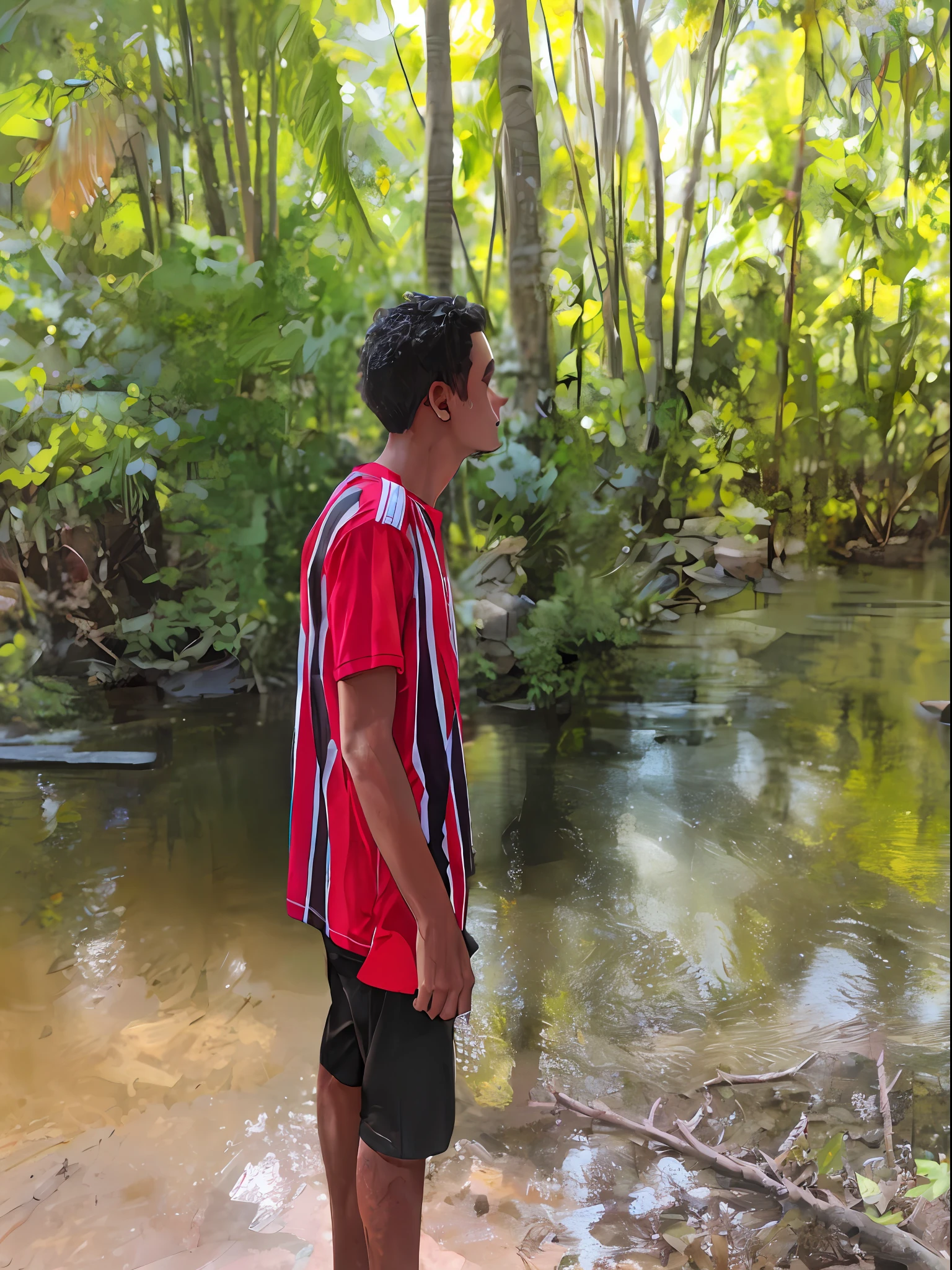 There is a man standing on a rock in the middle of a river, em um rio na selva, standing in a shallow river, em uma floresta tropical, River in front of you, em frente a um fundo de floresta, em um ambiente de selva, em uma floresta de selva, standing next to water, Selvas ao fundo, em uma selva, na floresta da selva