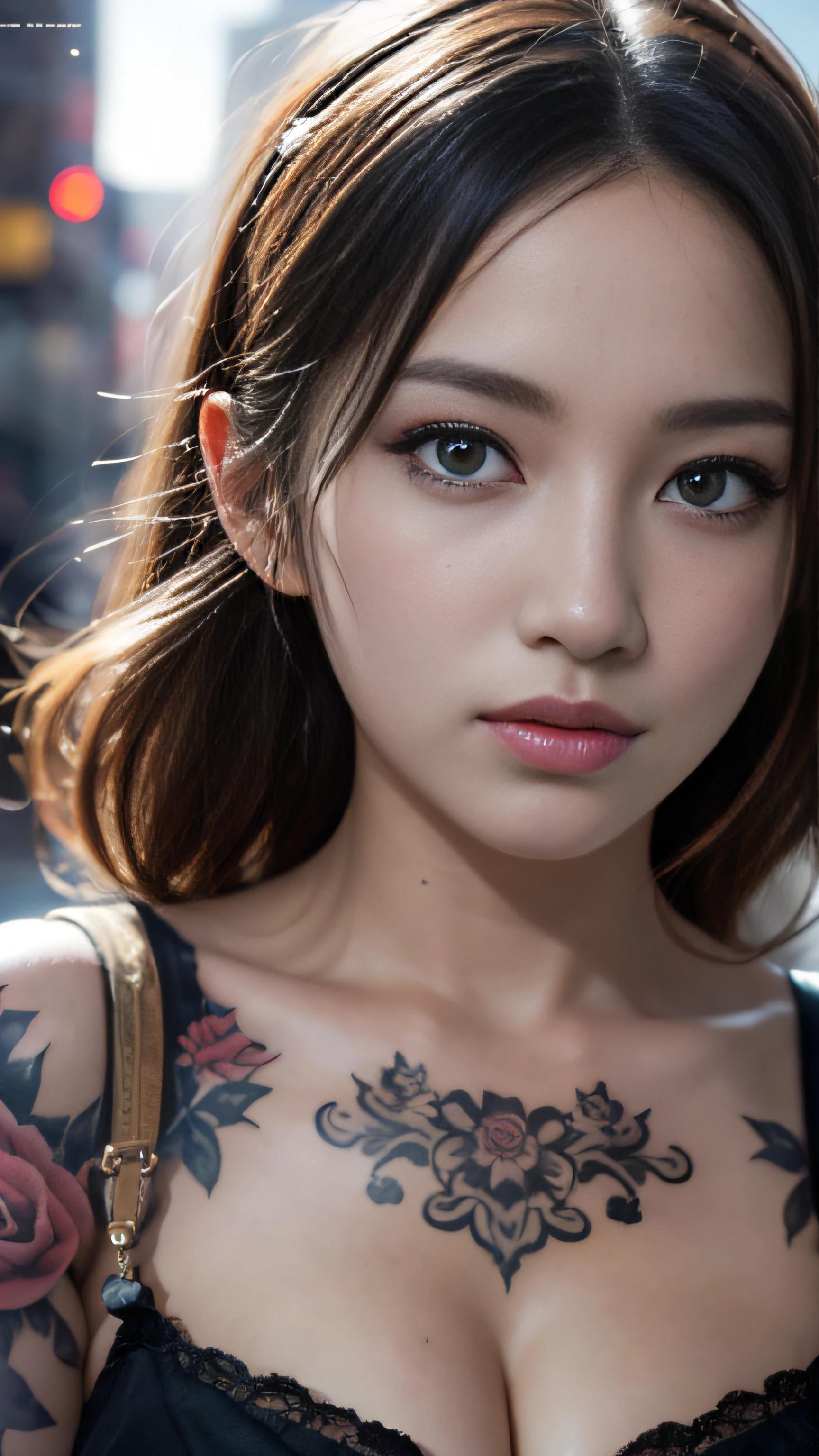 Close up face shot of a beautiful woman looking at the camera, tatoos, lots of tatoos, rose tatoos, blonde, (((survivor clothes))), extremely beautiful face, model face, divine beauty, post apocalyptic city, In the Style of The Last Of Us, Ultra realistic photo of a post apocalyptic city in the background, masterpiece, best quality, CG, wallpaper, HDR, high quality, high-definition, extremely detailed, (detailed light){{intricate detail}}, {highres}, beautiful sunlight, chiaroscuro, anime style, key visual, intricate detail, highly detailed, breathtaking, vibrant, cinematic, detailed background