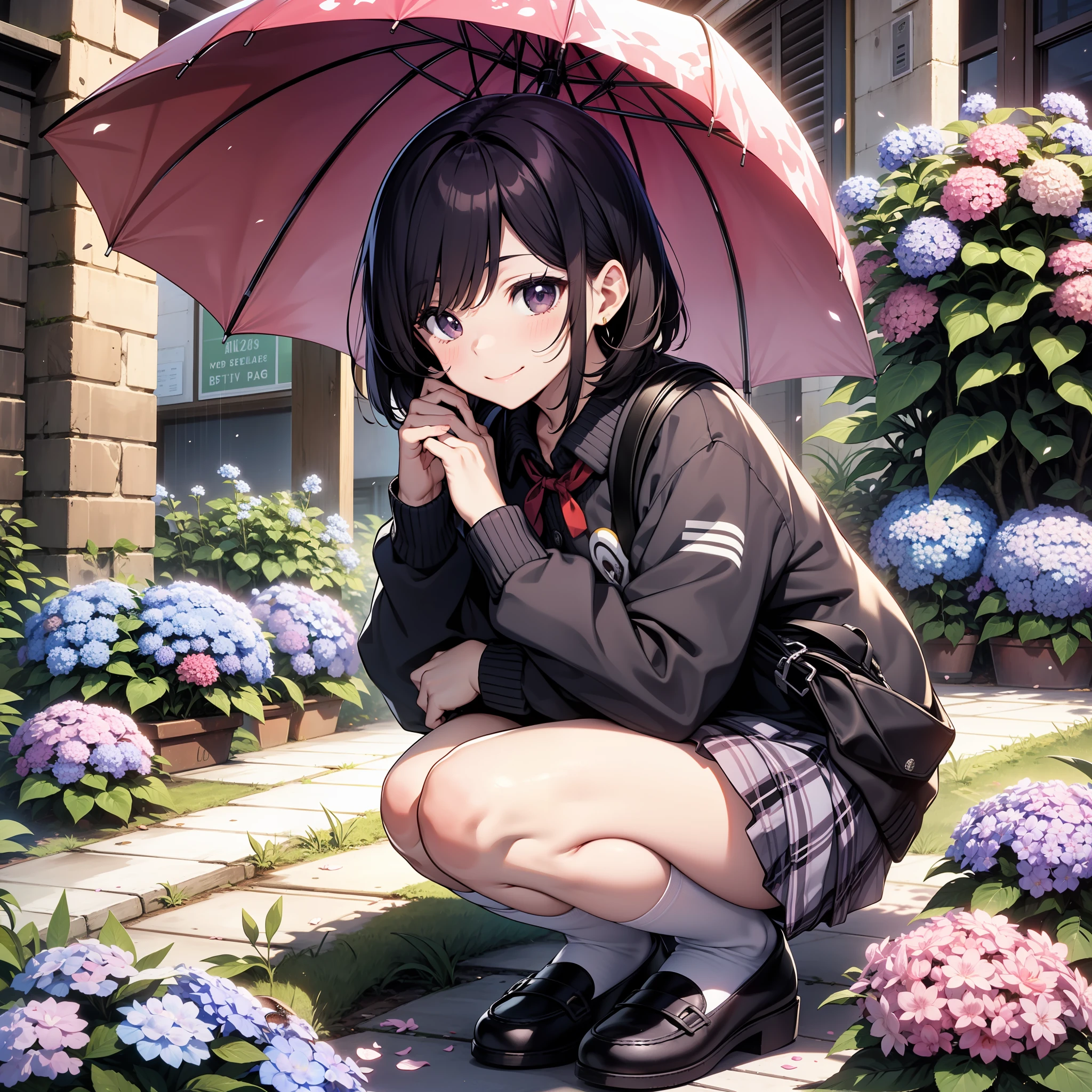 elementary student　a beauty girl　a short bob、Smaller chest、sano　A smile、Blouse、jumper skirt　sockes、espadrilles、red school bag、Way back、Plum rain、hydrangeas、snail、umbrellas、Sateen、Crouching、Panchira、