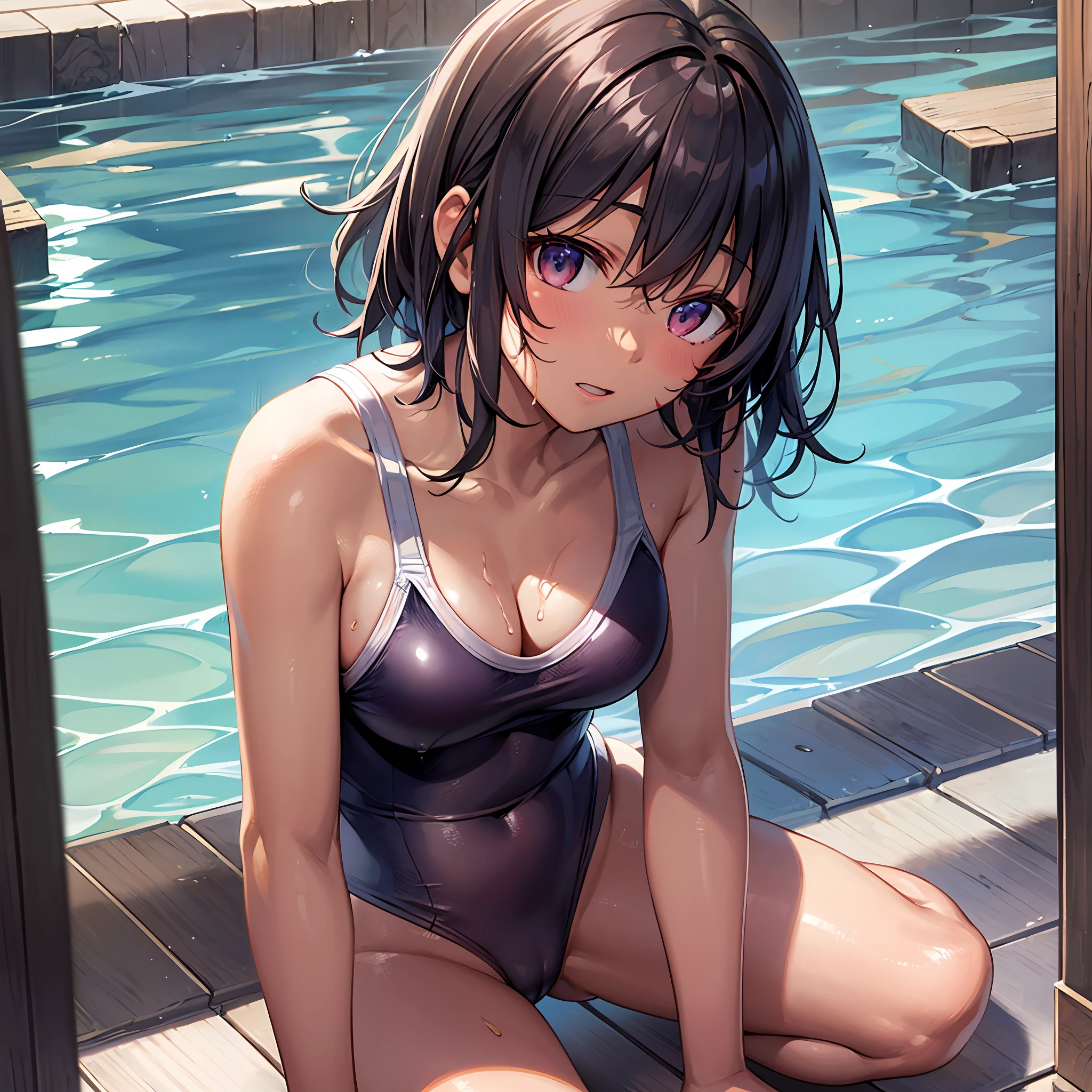 Nanasaki、sun burn、darkskinned、Competitive swimsuit、swimming pools、evening、teats、Crotch opening、Sunburn marks、natsu、A dark-haired、short-cut、Turn here、From  above