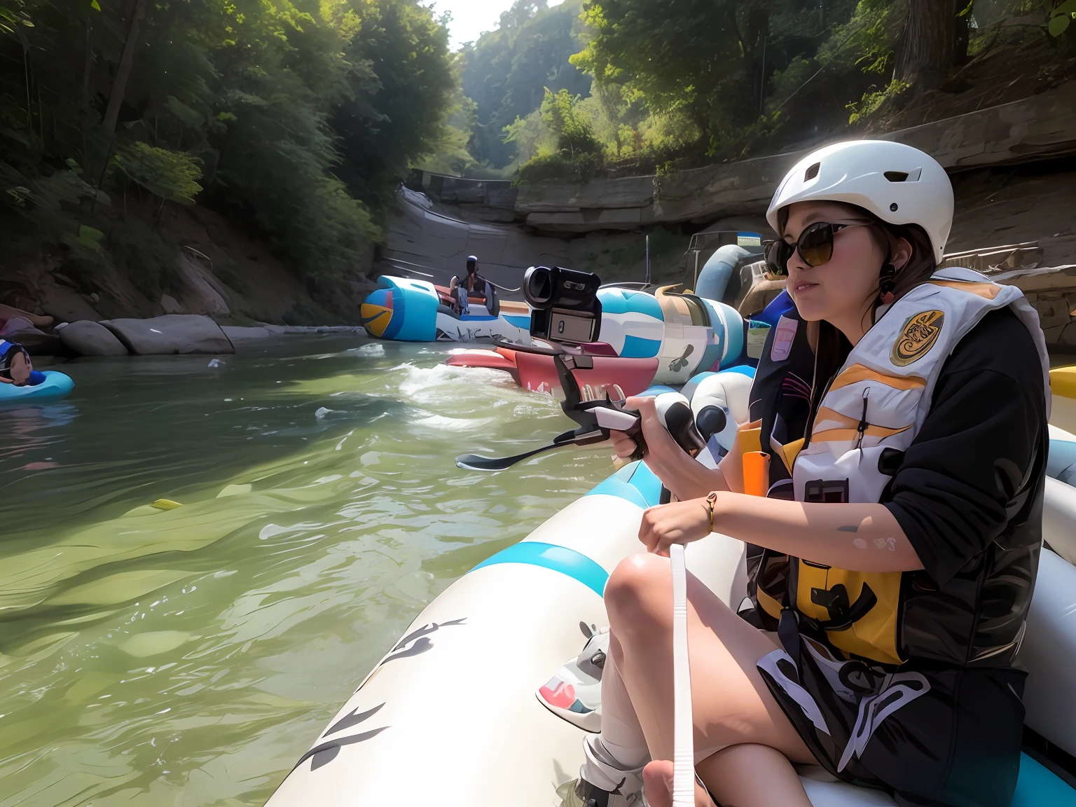 On the raft there was a woman wearing a life jacket and sunglasses, taken on go pro hero8, white water, go pro, shot on gopro9, white water rapids, 🤬 🤮 💕 🎀, inflatable, 1 0 / 1 0, tubing, Help me, is playing happily, low quality photo, river flowing beside the robot, toward to the camera --auto