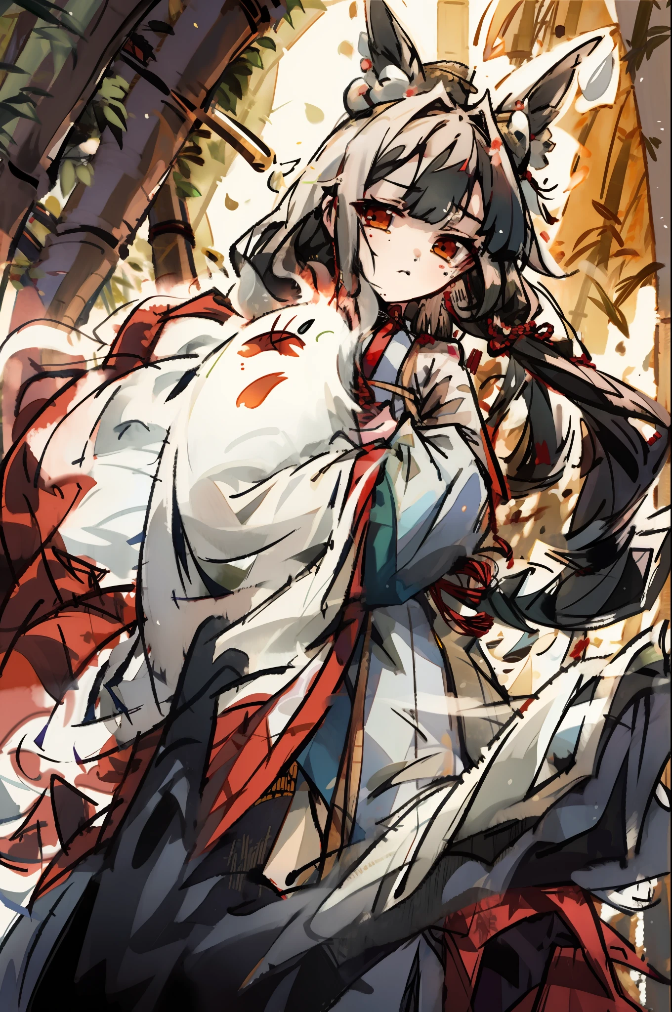 whaite hair,long whitr hair,Hanfu,bamboo forrest,Side Body,dress,tear-mole,red fox,Ghost Clan,Shy