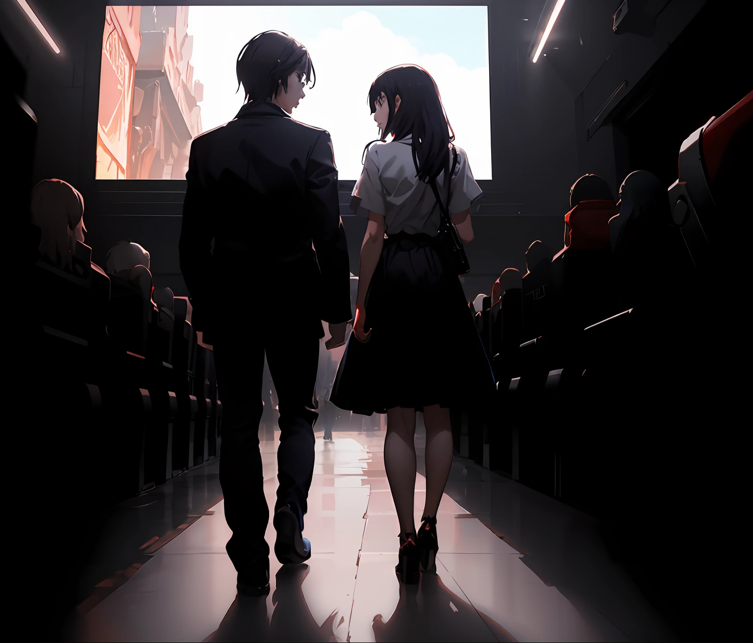 Makoto Shinkai e Tom Bagshaw，Walk down the aisles of the cinema together。Cinematic artistic image，emotional concept art，Square Enix anime movie stills，anato finnstark and alena aenami，cinematic cgsociety。Guvez style artwork，movie still 8 k，Cinematography concept art，In the movie stills。