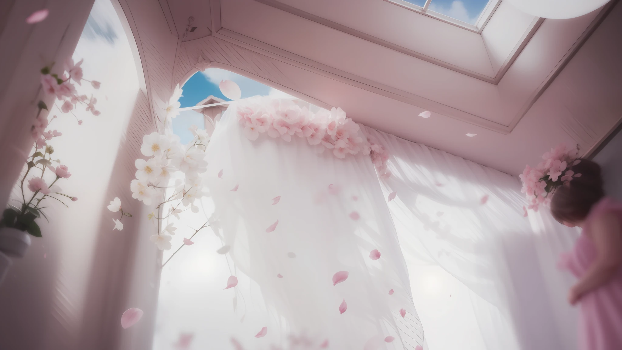 There is a blurry photo of a room with a ceiling and a window, um quarto cristalino, petals of pastel flowers flying, blurry and dreamy illustration, pedais de flor de cerejeira em queda, pedais de flores de cerejeira em queda, baixo detalhamento. pintura digital, blurry and dreamy illustration, sakura petals around her, with ethereal flowering effects, Petals, transbordamento de pastel, baixo - poli, baixo-poli