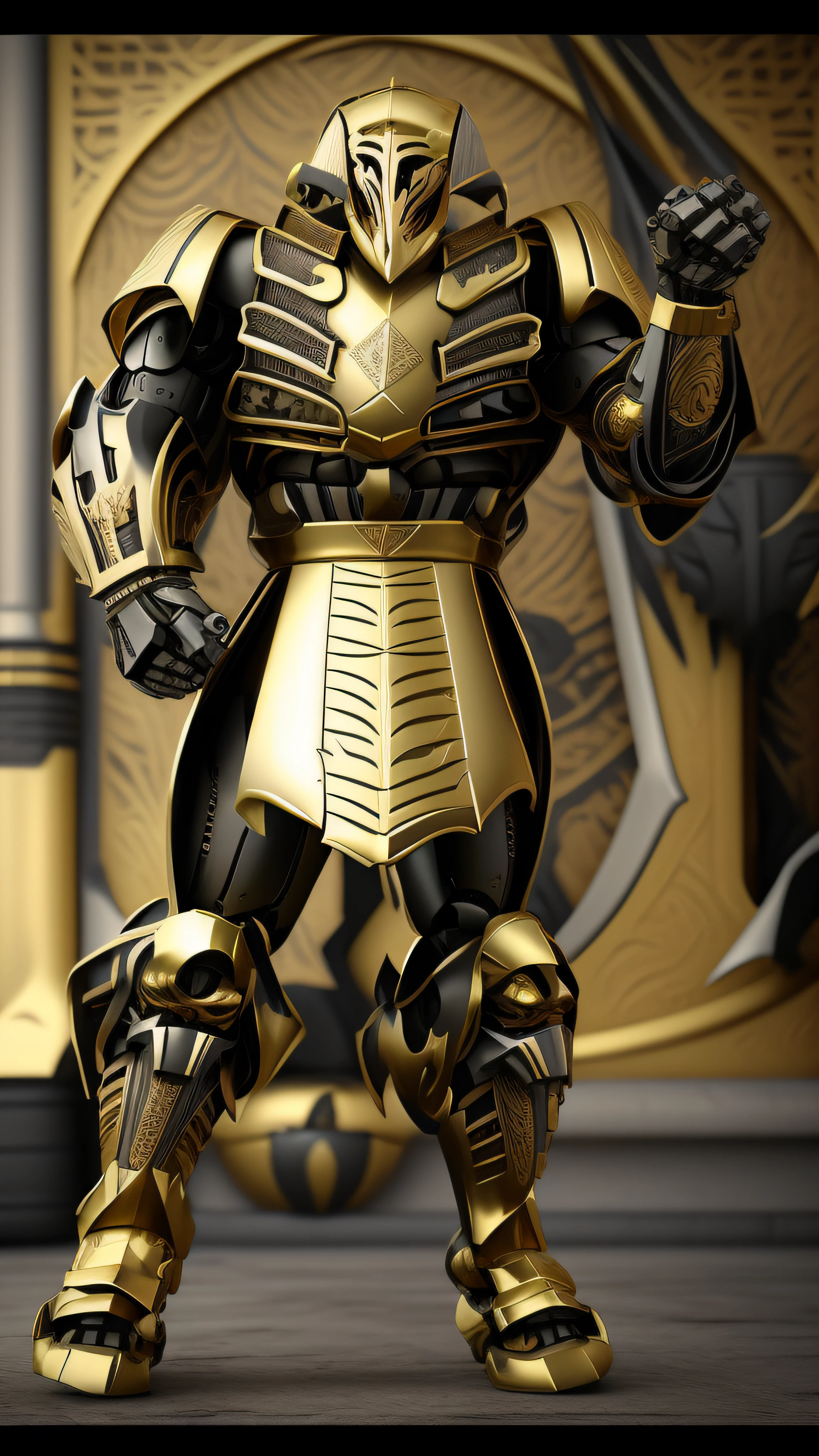 A closeup of a robot with a shiny arm and a sword, Armadura obsidiana de ouro pesado, armadura pesada de ouro. Dramatic, Armadura Obsidiana de Ouro, armadura dourada vestindo, luz saindo da armadura, Armadura Dourada, Ouro Sci - Armadura de Fi:, Armadura dourada, armadura dourada pesada, Armadura dourada de Paladin, Armadura preta e dourada, unreal motor render saint seiya