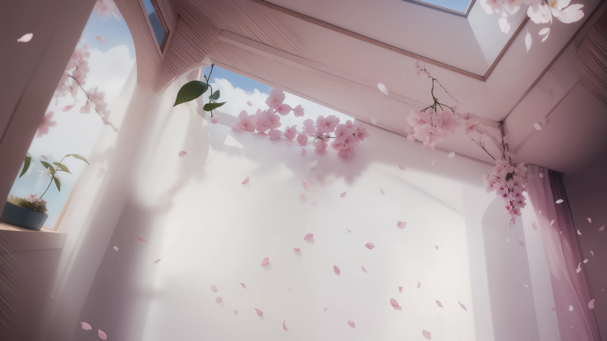 There is a blurry photo of a room with a ceiling and a window, um quarto cristalino, petals of pastel flowers flying, blurry and dreamy illustration, pedais de flor de cerejeira em queda, pedais de flores de cerejeira em queda, baixo detalhamento. pintura digital, blurry and dreamy illustration, sakura petals around her, with ethereal flowering effects, Petals, transbordamento de pastel, baixo - poli, baixo-poli