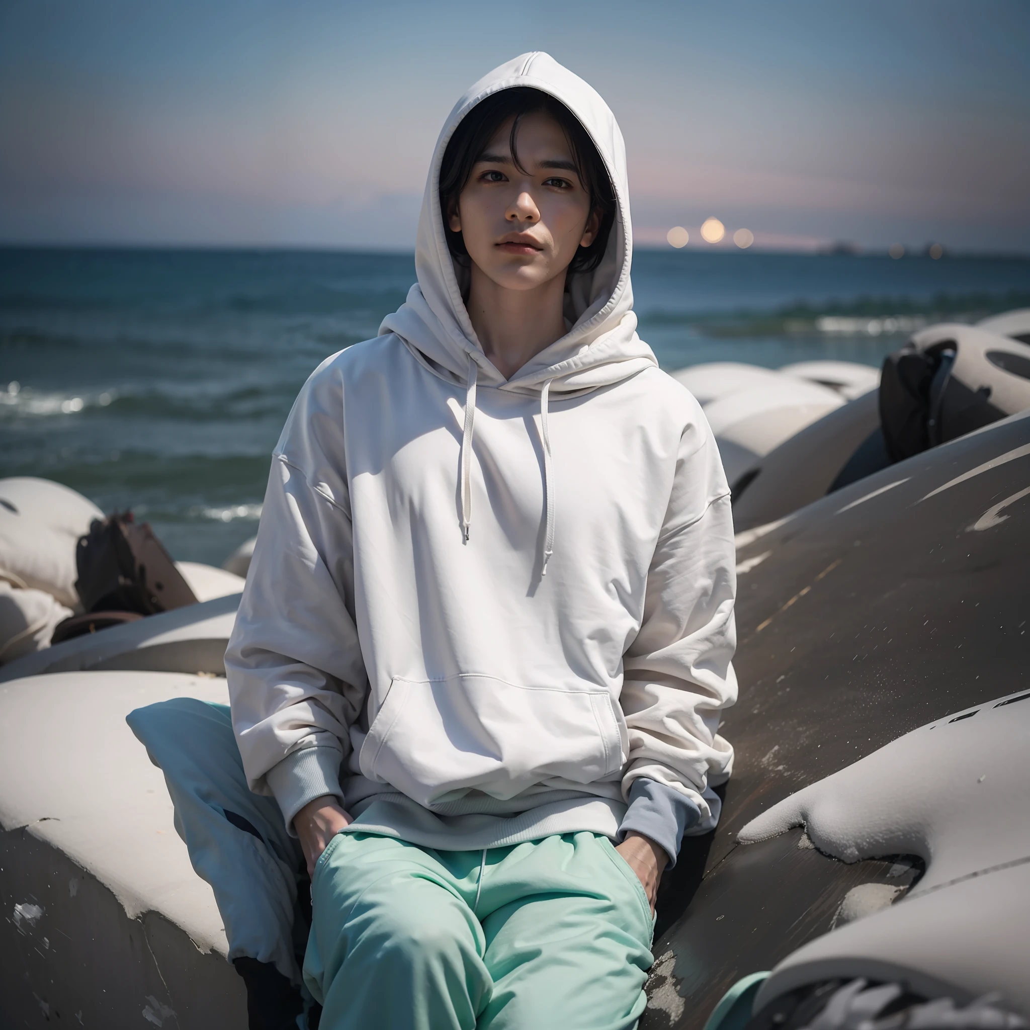 Play a male motivational character wearing a white sweatshirt and hoodie looking at the horizon dreaming of a good future and as he emanates lights from his feet these lights in white color in a cinematic scene.
