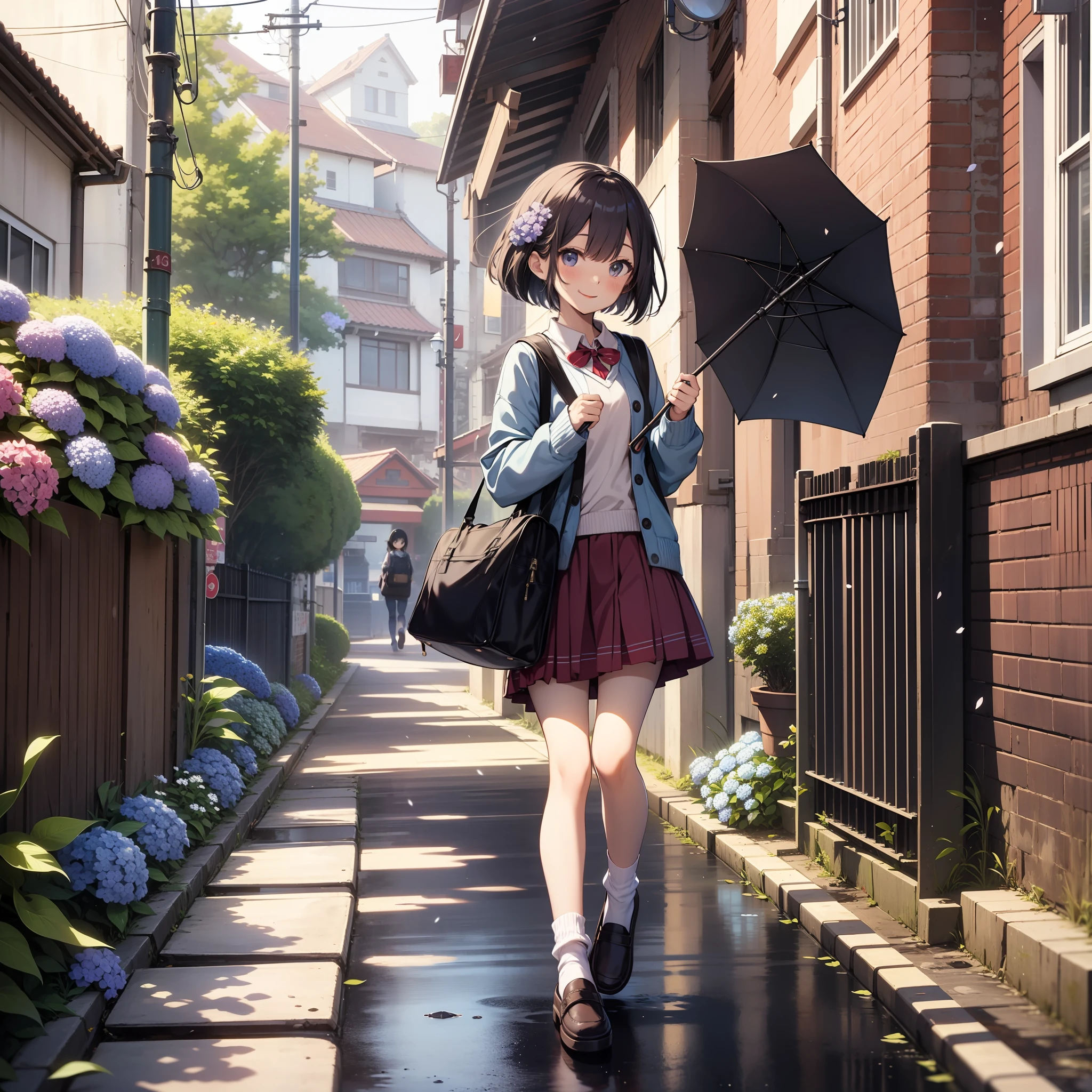 elementary student a beauty girl a short bob、sano A smile、Blouse、jumper skirt sockes、espadrilles、red school bag、Way back、Plum rain、hydrangeas、Snail、umbrellas、Sateen