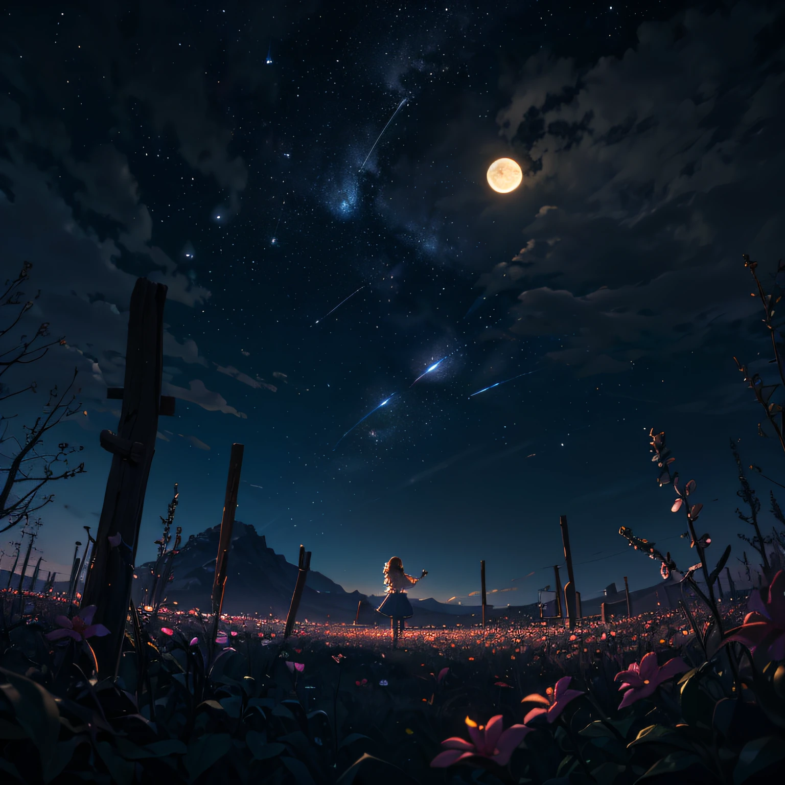 Expansive landscape photograph, (view from below with a view of the sky and the wilderness below), little girl standing in a flower field looking up, (full moon: 1.2), (shooting star: 0.9), (nebula: 1.3), distant mountain, tree break production art, (warm light source: 1.2), (firefly: 1.2), lamp, purple and orange, intricate detail, volume lighting BREAK (masterpiece: 1.2), (highest quality ), 4k, ultra-detailed, (dynamic configuration: 1.4), highly detailed and colorful details (iridescent: 1.2), (sparkling lighting, atmospheric lighting), dreamy, magical, (solo: 1.2) --auto