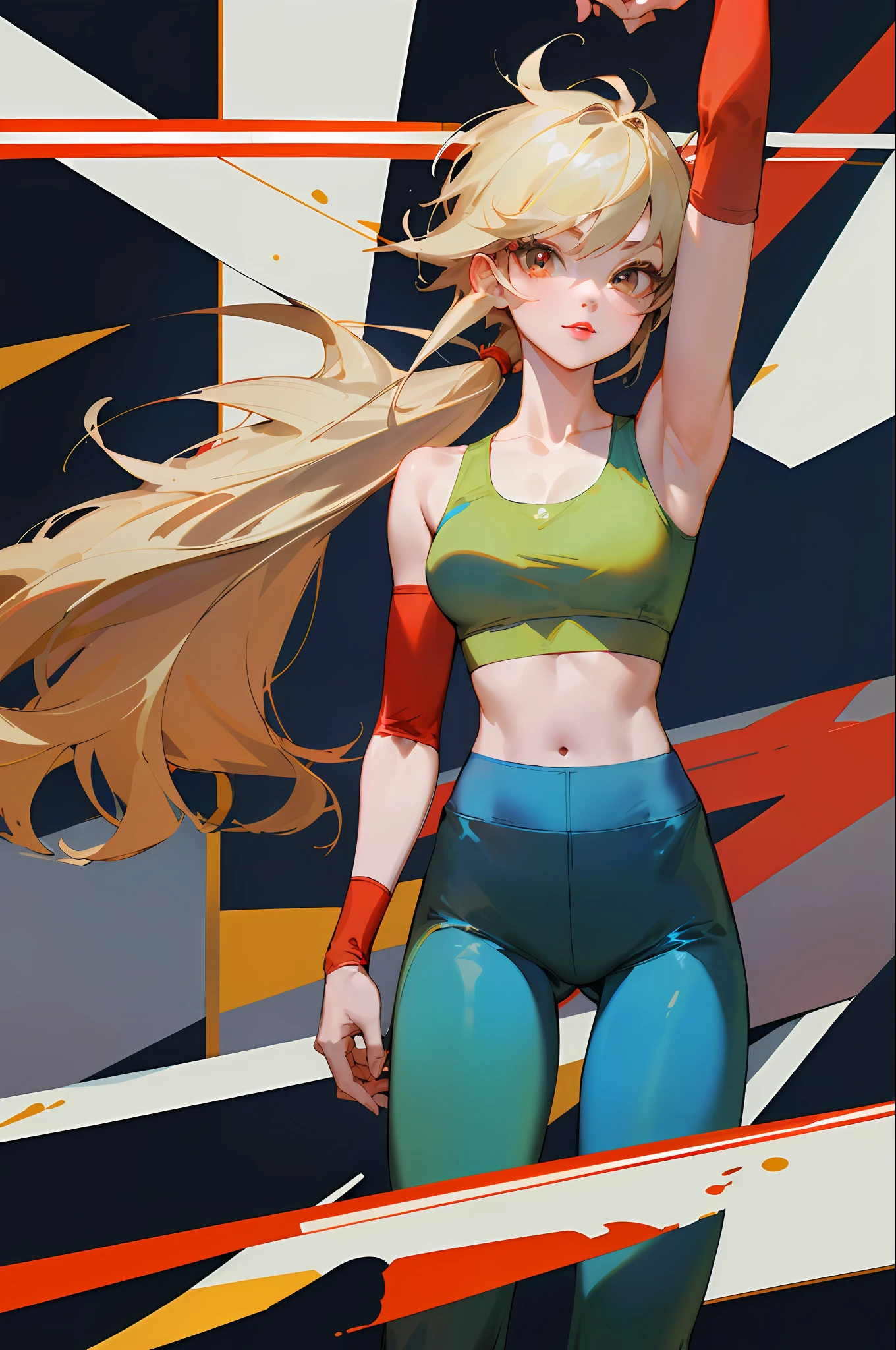 (​masterpiece:1.4)、(top-quality:1.4)、
1girl in, Sports bra and dark blue and gold sports leggings、(Arm sleeve),length hair, looking at the viewers, 独奏 ,realisitic,(shinny skin),(​masterpiece:1.4),(top-quality:1.4),red-lips