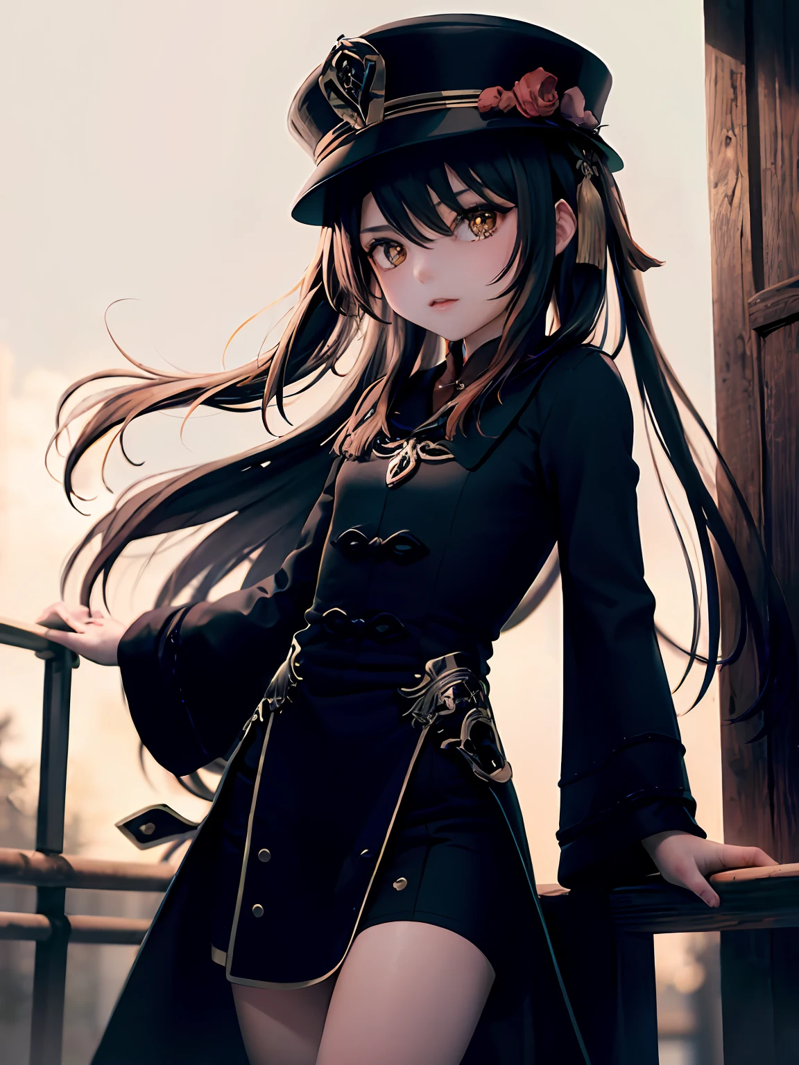 (巨作:1.1), (Best quality:1.1),  Break [Blue:peach red:0.5] Theme, Cowboy shot,Cinematic light，1girll, Single person，Loli，  (full bodyesbian:1.2)，Exquisite facial features，perfect hand，wearing hat，standing on your feet，outside，Bright colors