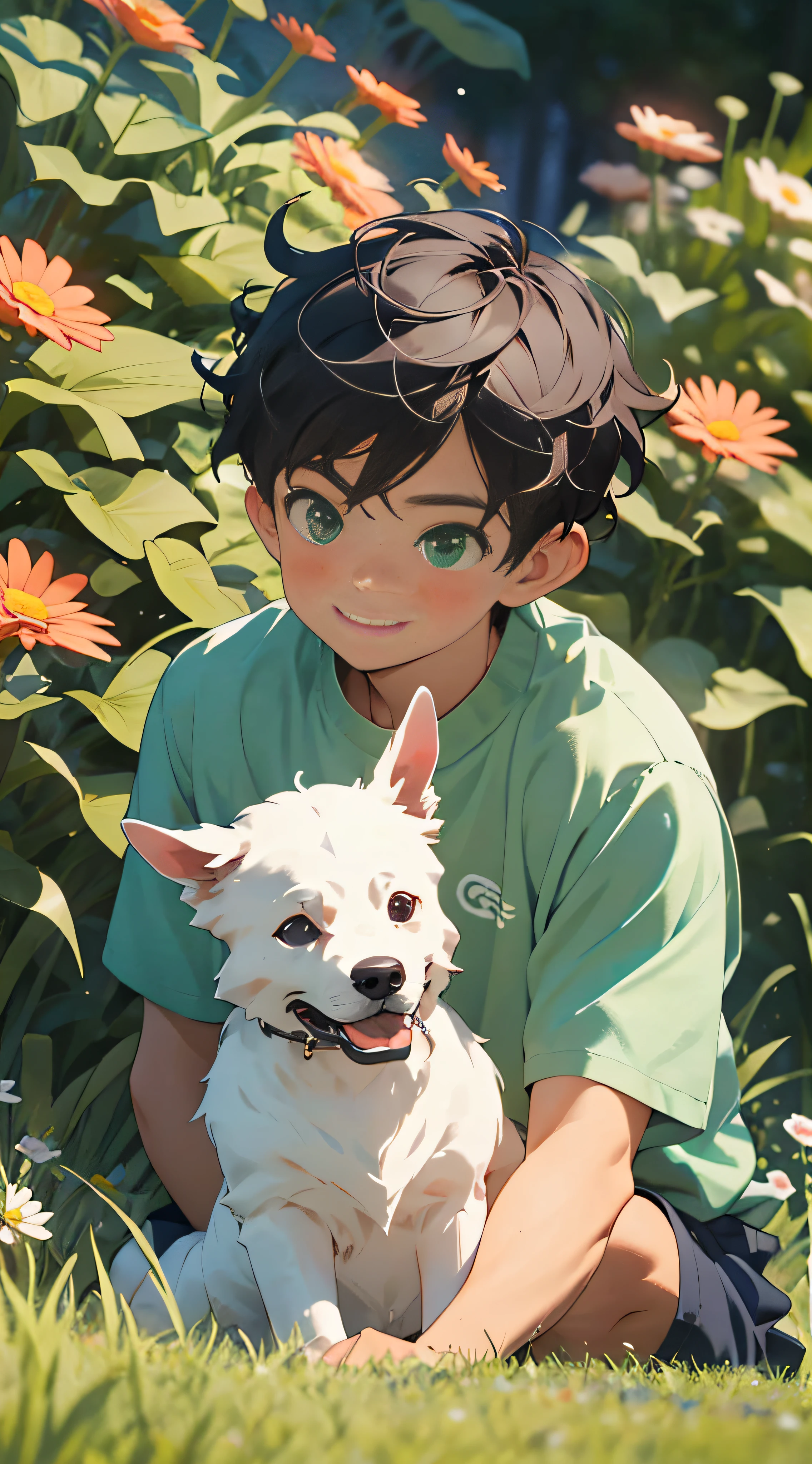 realisticlying,(tmasterpiece,top Quority,best qualtiy),1 boy,Pet dogs,looking to the camera,coloured background,ssmile,Black super short hair,Handsome man,white short sleeve,Red flowers and green grass