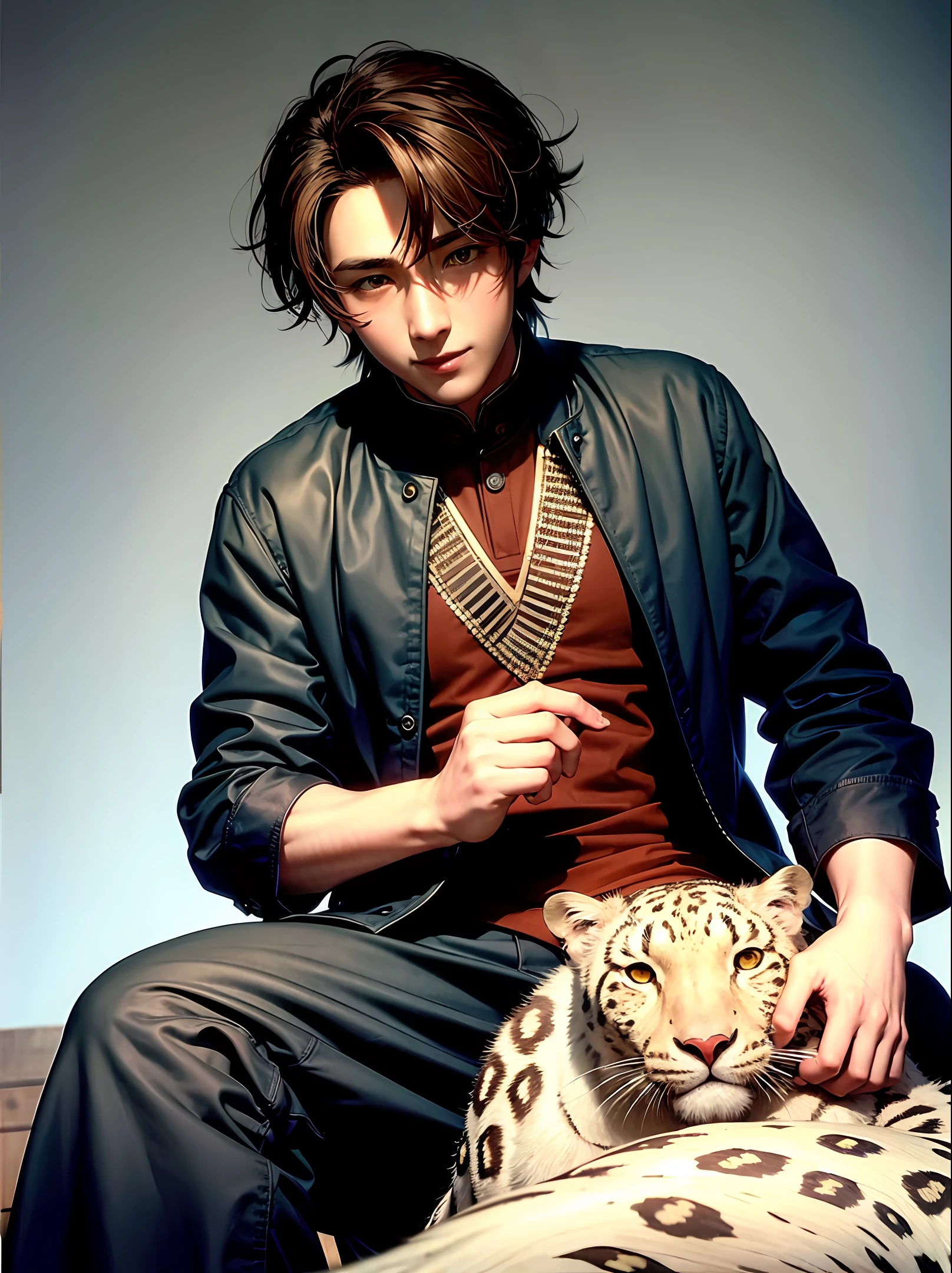 Masterpiece, best quality, a man grins, wearing black tibetan clothes, sitting and leaning on a snow leopard,dramatic lighting,