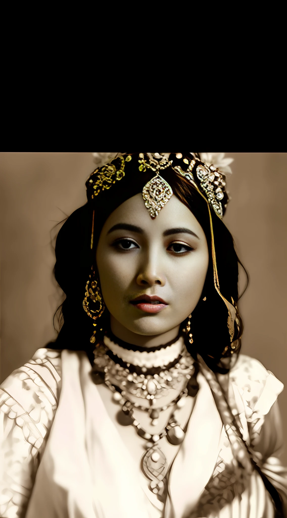 a close up of a woman in a white dress with a necklace and earrings, ancient libu princess, orientalisme, orientalist, photo of a woman, persian queen, moroccan queens ny, gorgeous woman, persian princess, african ameera al taweel, 1920s orientalism, indian empress, greek ameera al taweel, portrait”,realistic ,uhd, 8k, very clear eyes