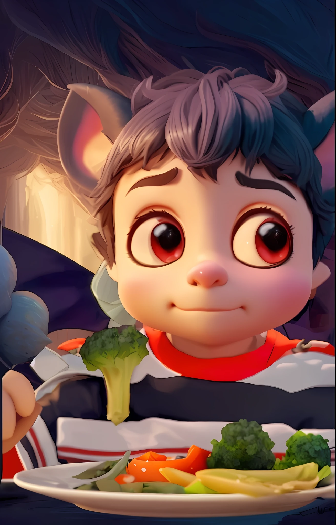 Menino morcego, personagem de desenho animado segurando um garfo, prato de salada, estilo ratatouille, animation film, ainda de filme de terror animado, 3D estilizado, painting digital adorable, foto de perfil 1024px, Lalafell, arte digital estilizada, 3 d animated movie, animation style rendering, pintura digital dos desenhos animados, 2 d cg |