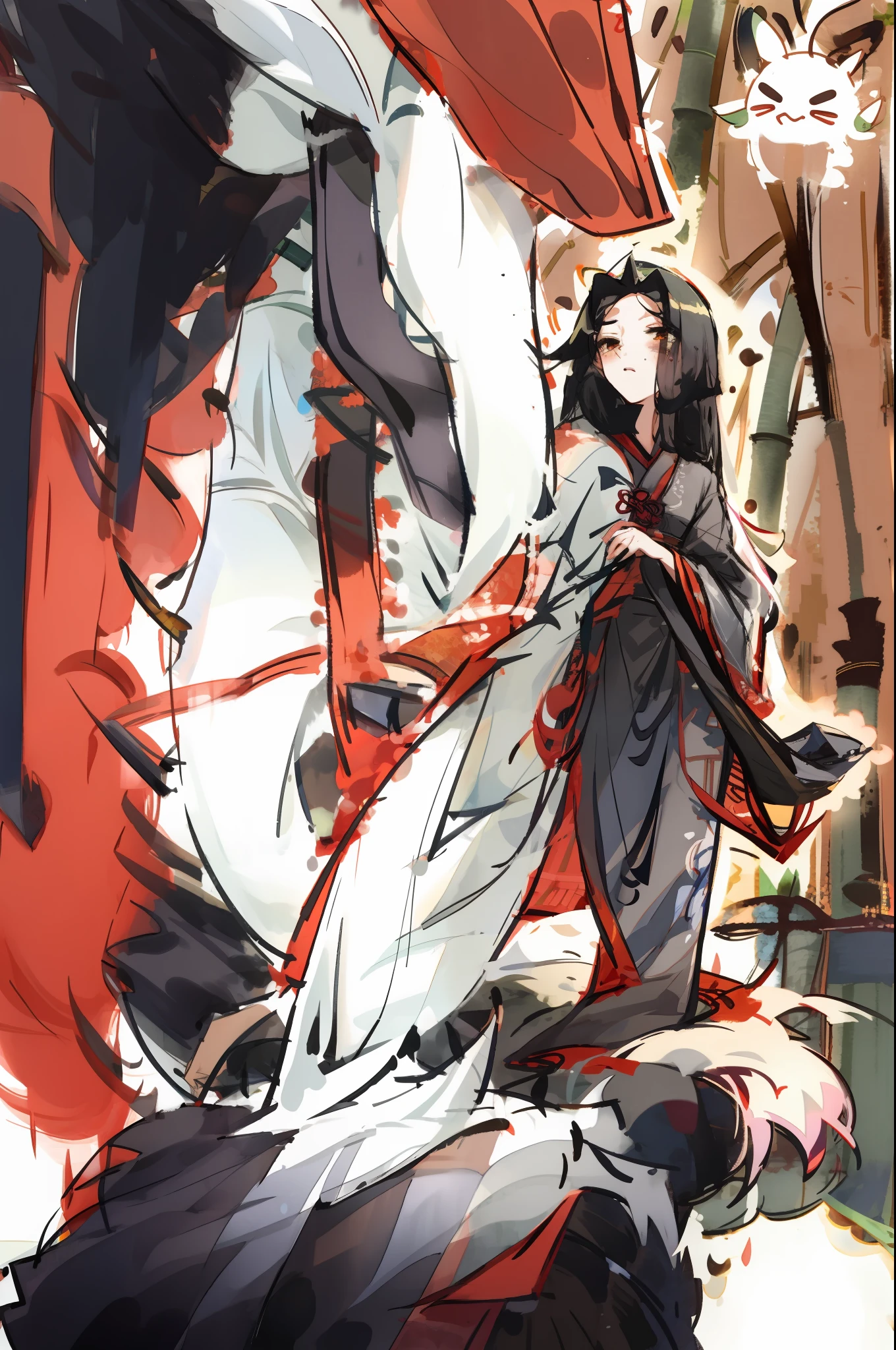 whaite hair,long whitr hair,Hanfu,bamboo forrest,Side Body,dress,tear-mole,red fox,Ghost Clan,Shy