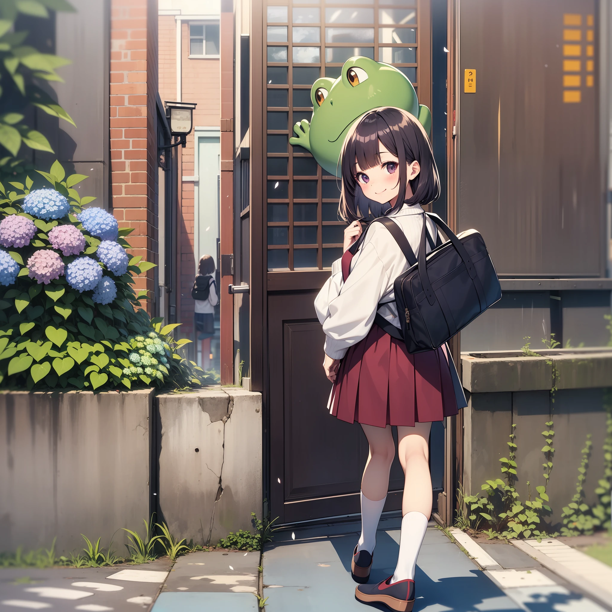 elementary student a beauty girl a short bob、sano A smile、Blouse、jumper skirt sockes、espadrilles、red school bag、Way back、Plum rain、hydrangeas、froggy、umbrellas、Sateen