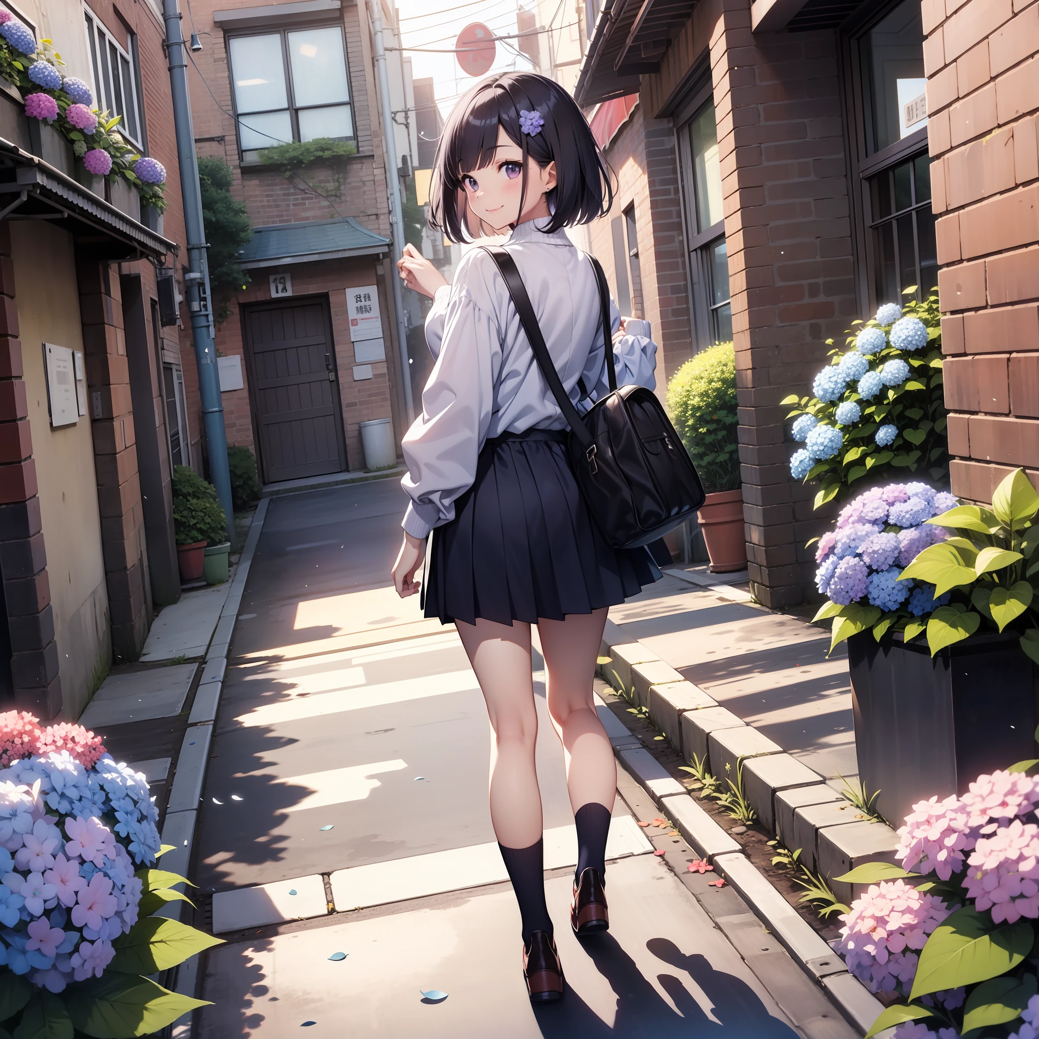 elementary student a beauty girl a short bob、sano A smile、Blouse、jumper skirt sockes、espadrilles、red school bag、Way back、Plum rain、hydrangeas、froggy、umbrellas、Sateen