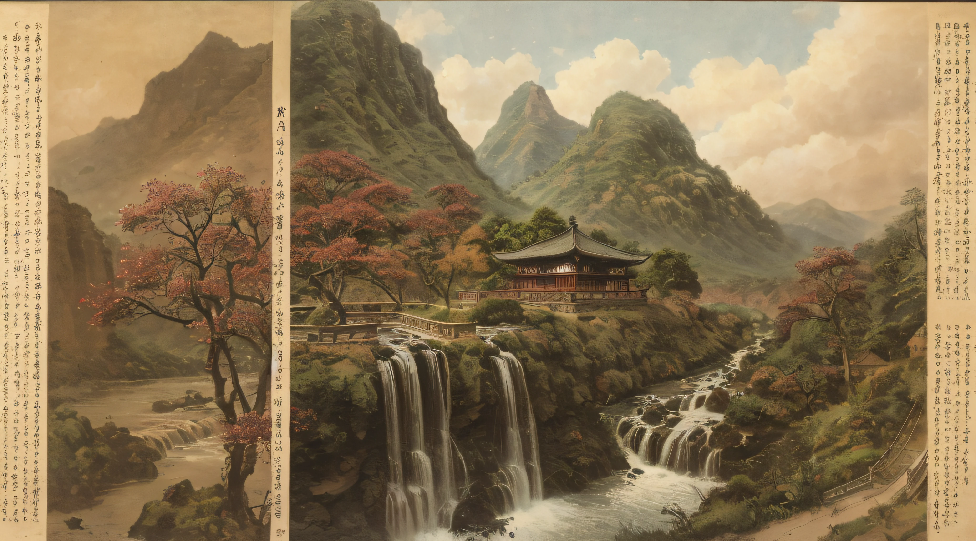 Chinese landscape painting, mountains, waterfalls, forests, pavilions