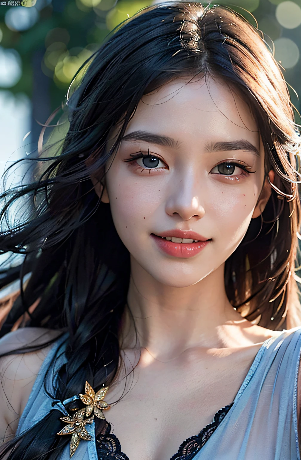 best qualtiy、masterpiece、photoRealstic、intricate-detail、Raw foto、Photon Rendering、Octane Rendering、absurderes、ultra-detailliert、A detailed face、Detailed skin、Trending in art stations、8K Masterpiece、lighting like a movie、( (1girl in))、((独奏) ))、((Behold))、CG Social Trends、Plastic En、((Black Long Hair))、((Beautuful Women))、(A smile)、show the grinps、Upper teeth、Fashionable、summer clothing、Hair that flutters in the wind、((Flowing hair))、fashion magazine、A sexy、((lighting like a movie))、((angling))、