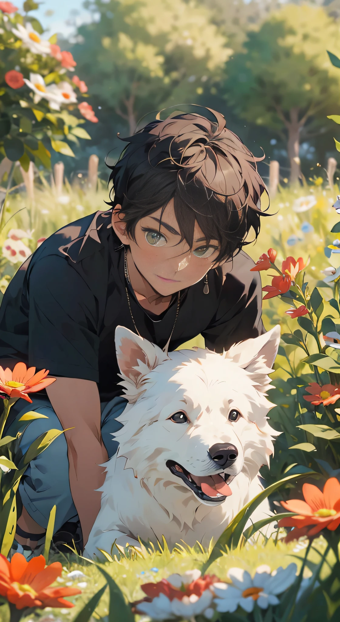 realisticlying,(tmasterpiece,top Quority,best qualtiy),1 boy,Pet dogs,looking to the camera,coloured background,ssmile,Black super short hair,Handsome man,white short sleeve,Red flowers and green grass