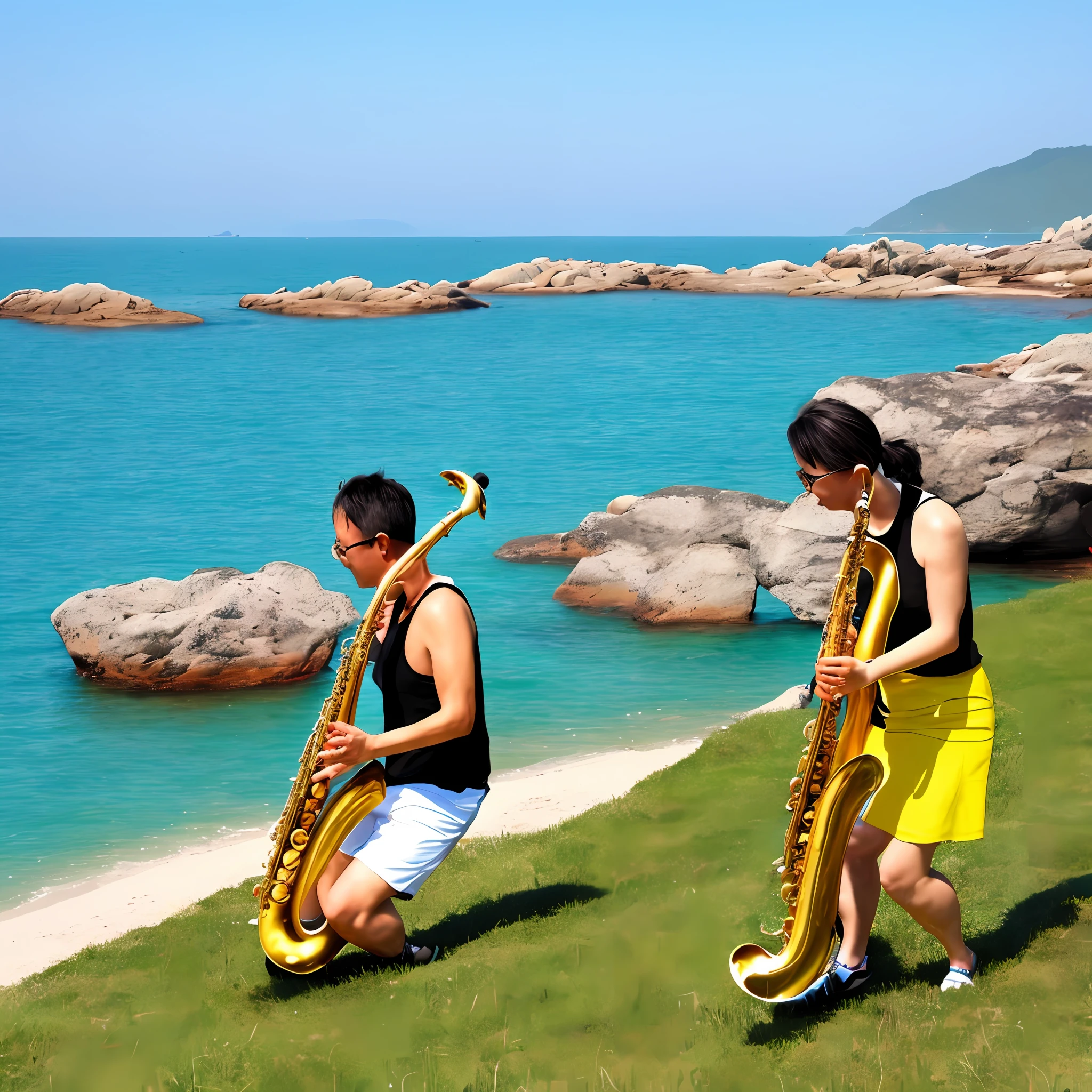 Play saxophone by the sea in Dalian