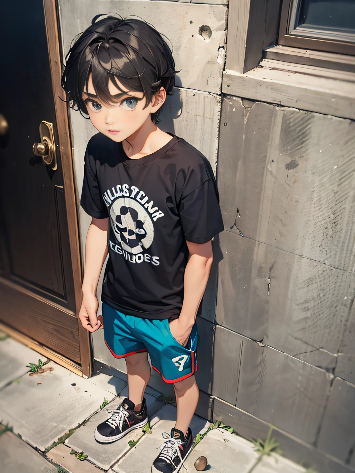 um garoto chamado John de 15 anos de idade, corpo inteiro, picking up small stones from the ground in a forest, usando shots azul e camiseta preta lisa sem imagem, Standing against a door with arms crossed, pele branca, olhos pretos, fleshy lips, cabelo preto liso curtos, small hands, low water. Absurdo, melhor qualidade, sozinho, lateralmente, olhando para o espectador. The image is about a 15-year-old who stands next to a door wearing blue shorts, black T-shirt and black sneakers.