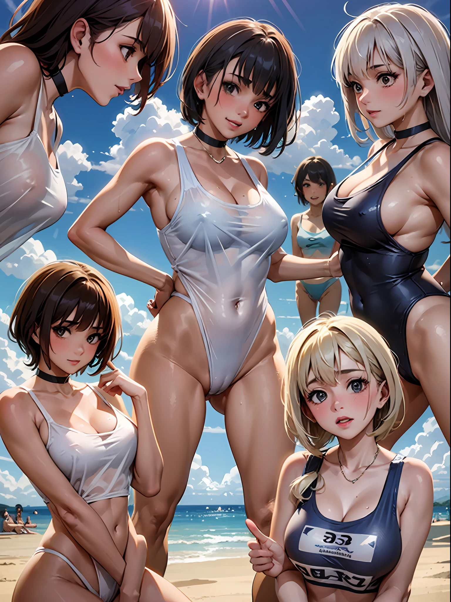 NSFW, (4+girls:1.5), (alternate athlete swimsuit pool), tanned skin, dark tanned skin, oil, abs:1.5, tan lines, dynamic poses, sexy interactions, girls playing beach volley, ball of beach volley, net, masterpiece, top quality, ultra high definition, highest resolution, very detailed, perfect face, professional lighting, clean skin, CG illustration, slender, very cute, young face, cleavage, lower breast, wet body, (breasts out:1.4), different hair colors, short hair, pixie haircut, semi-long hair, different hair cuts, hair ribbon, blush, navel, from below, wet body, (breasts out: 1.4), (plastic bag 1.2), transparent swimsuit, beach, sand, water, (wind: 1.3), girls playing behind, showing ass, black necklace choker