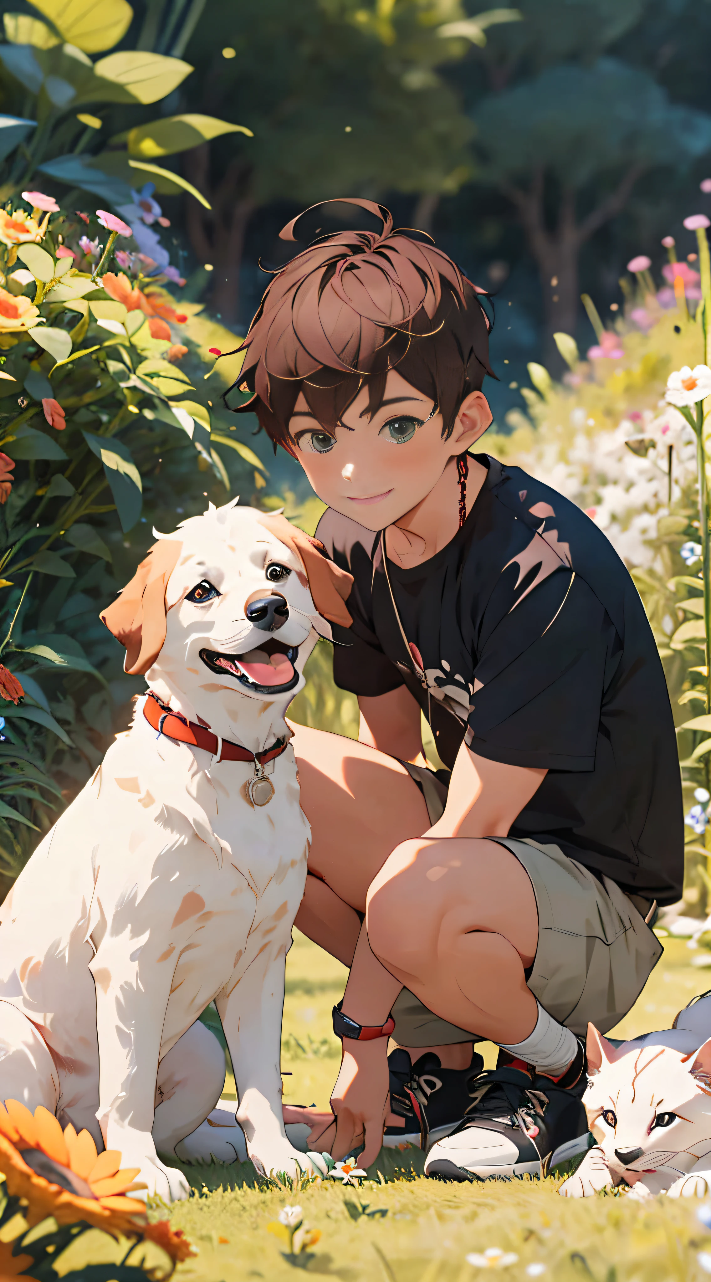 realisticlying,(tmasterpiece,top Quority,best qualtiy),1 boy,Pet dogs,looking to the camera,coloured background,ssmile,Black super short hair,Handsome man,white short sleeve,Red flowers and green grass