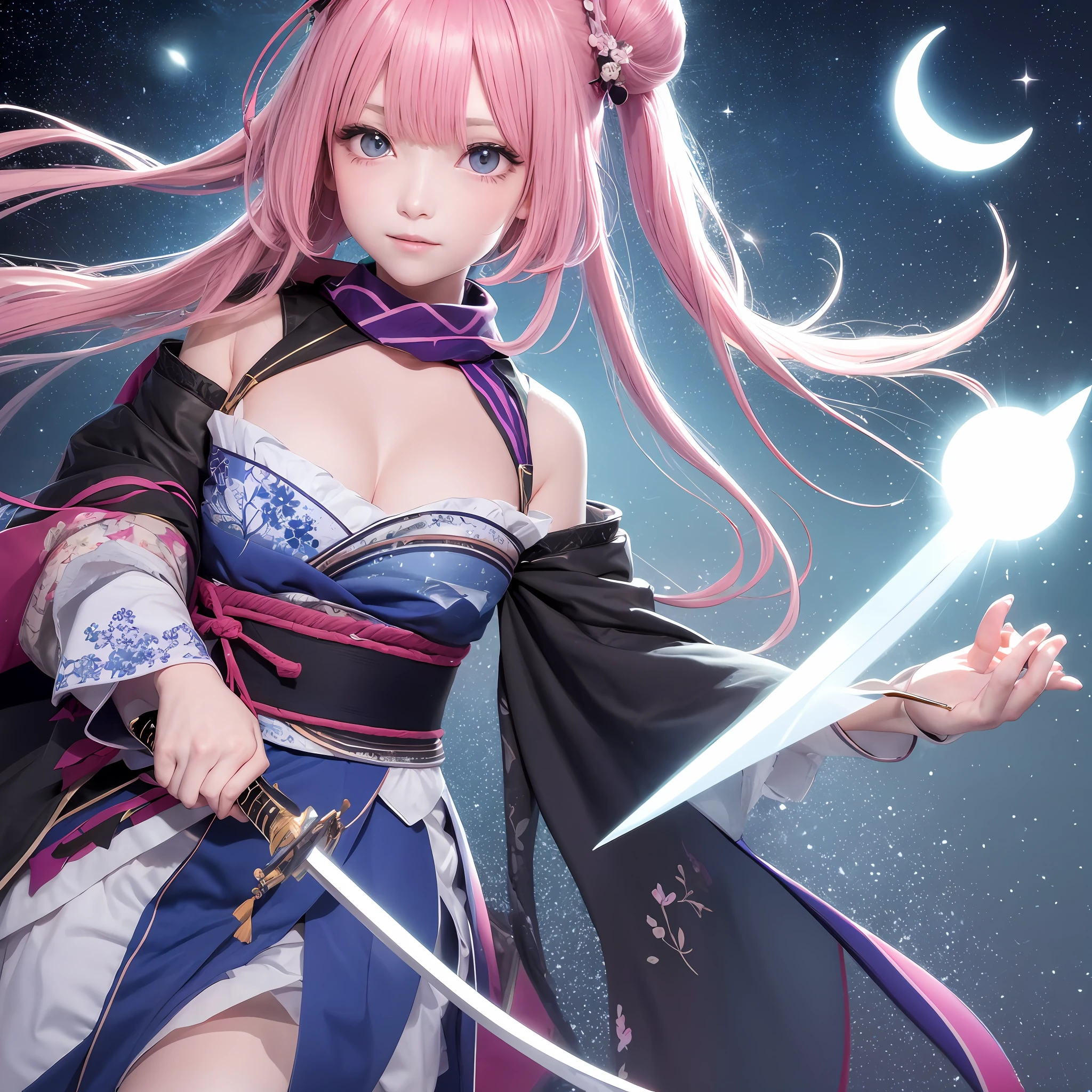 The upper part of the body、1人、Pink hair、Bun hair、Large breasts、mansion、Purple Eye、Gorgeous kimono、daggers、holding a katana、Medium Breath、scarf、wall-paper、Magic array background、Particles of light、blue flames、 Japan anime-style odd eye spell, Create images of starry spring nights, Cherry blossoms falling under clear skies、I see the moon. Add some stars using screentones for magic effects.