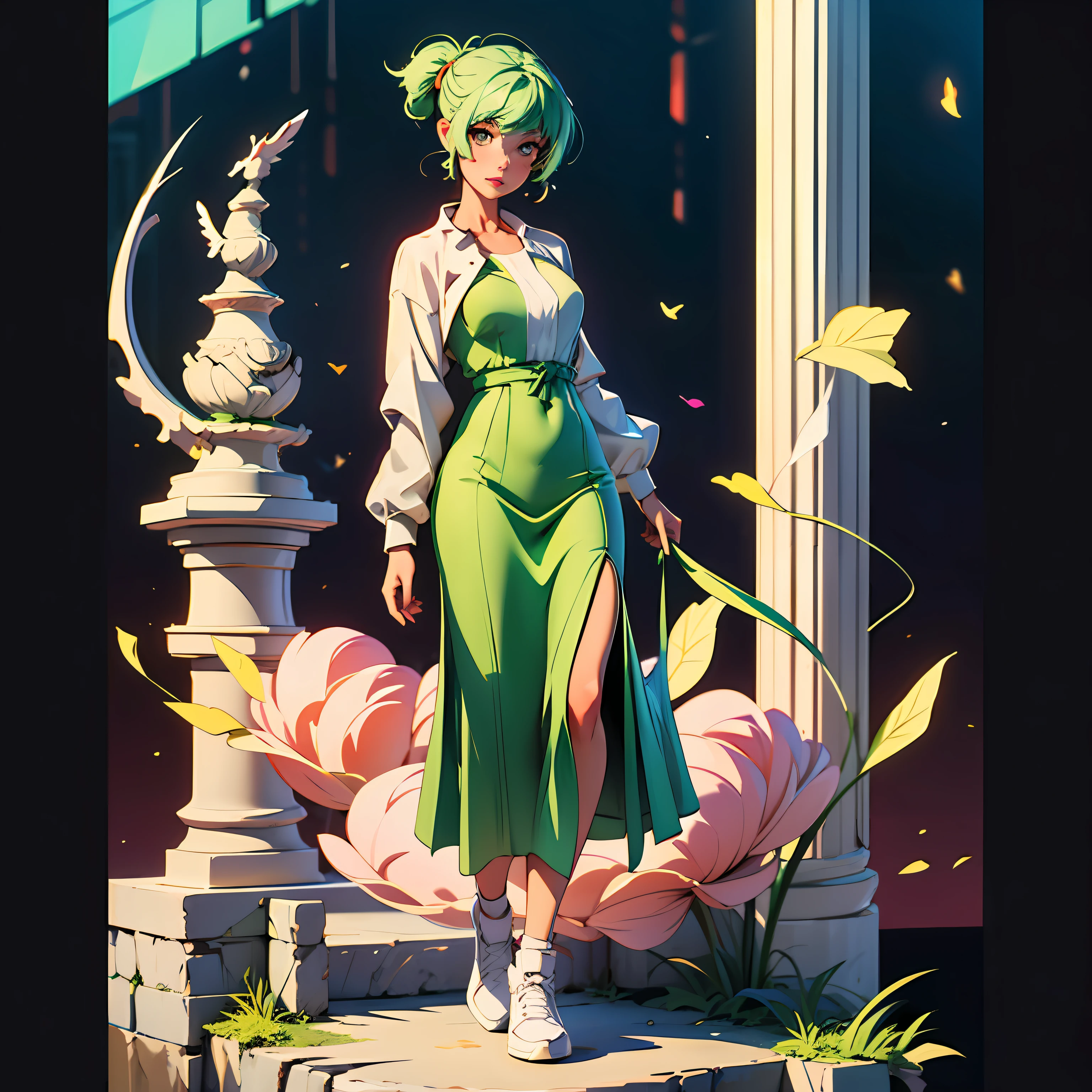 teens girl,Light green hair,Medium length hair,Wearing a long dress,Lips slightly open,Look at the viewer,Pastel tones,Full body like,blur backgroun,Best image quality, --auto