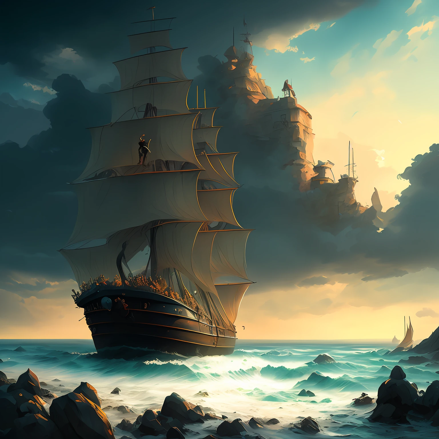 Pirate ship in the middle of bad weather, detailed oil painting, unreal 5 render, rhads, sargent and leyendecker, savrasov levitan polenov, bruce pennington, studio ghibli, tim hildebrandt, digital art, landscape painting, octane render, beautiful composition, award-winning artstation trends photography, masterpiece, art style (dreamlikeart:1.2). mdjrny-v4 style