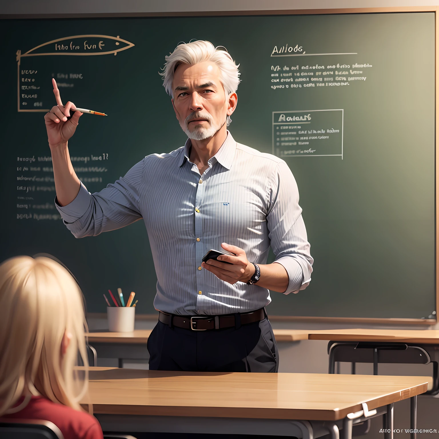 english: "Please create an image depicting a scene where a man in his 50s, who looks young for his age, is giving a gentle and detailed lecture to students. He is wearing a striped shirt without a tie in a wooden school building. There is a green chalkboard behind the teacher. Please use a bright and warm style to express the theme of education and knowledge. We would like the artwork to have a tone of optimism and positivity." --auto