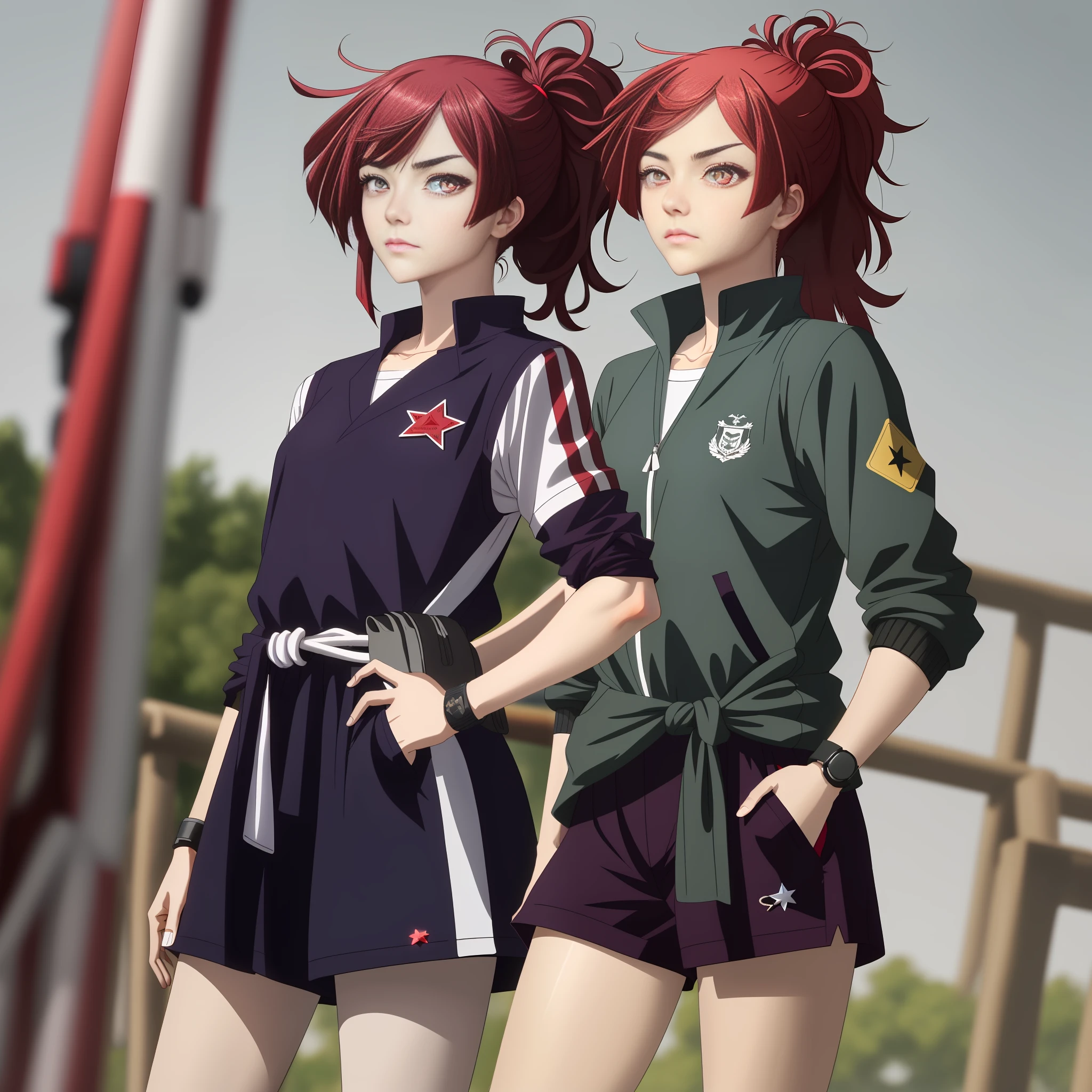 8k，richcolors，tmasterpiece，plethora of colors，style of anime，An 18-year-old girl，Short black shoulder-length hair，The red hair rope is tied in a single ponytail，Red hair card，Wearing a Chinese-style school uniform，The coat is tucked around the waist，Department of Sport，Wearing sweat，Red five-pointed star-shaped pupil