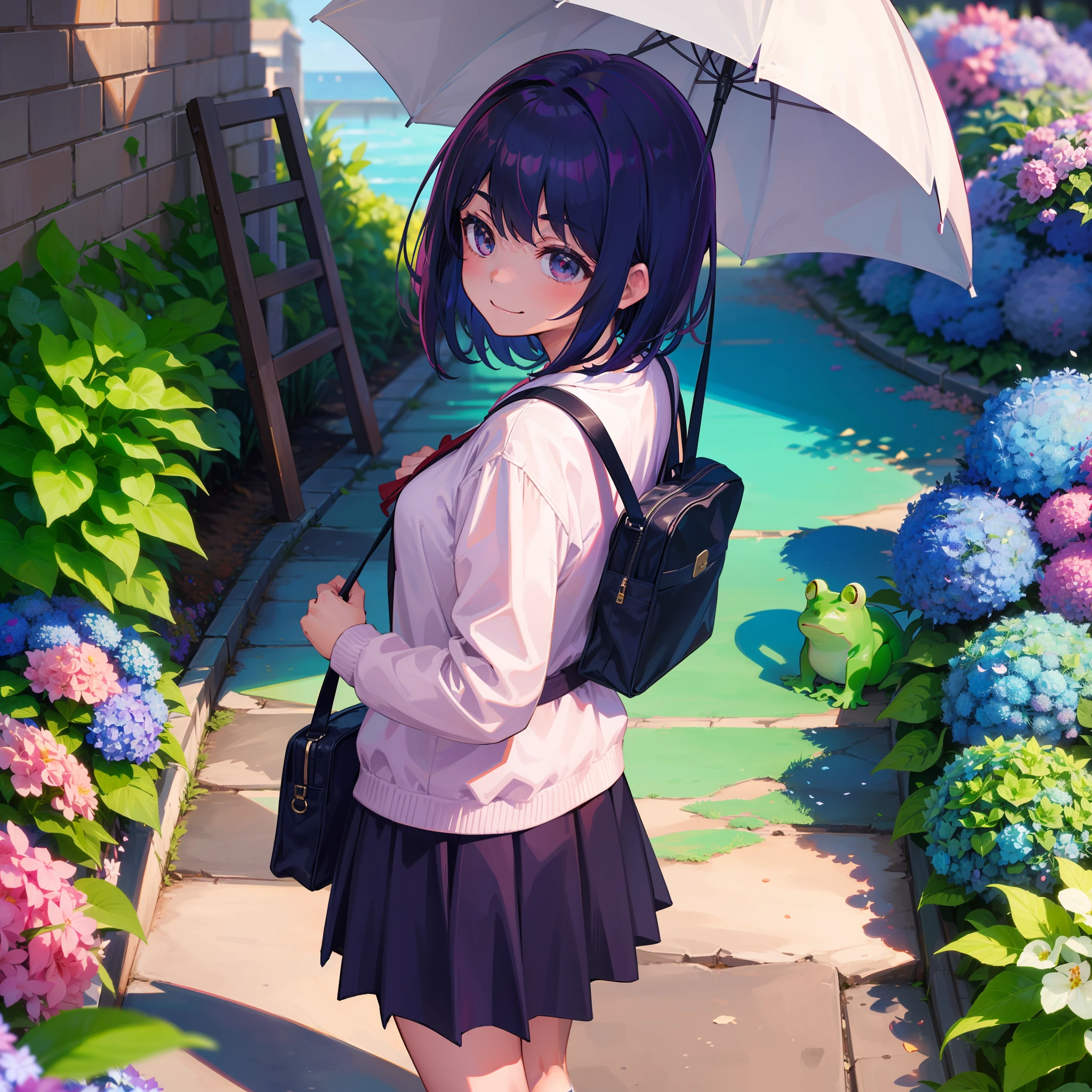 elementary student a beauty girl a short bob、sano A smile、Blouse、jumper skirt sockes、espadrilles、red school bag、Way back、Plum rain、hydrangeas、froggy、umbrellas、Sateen
