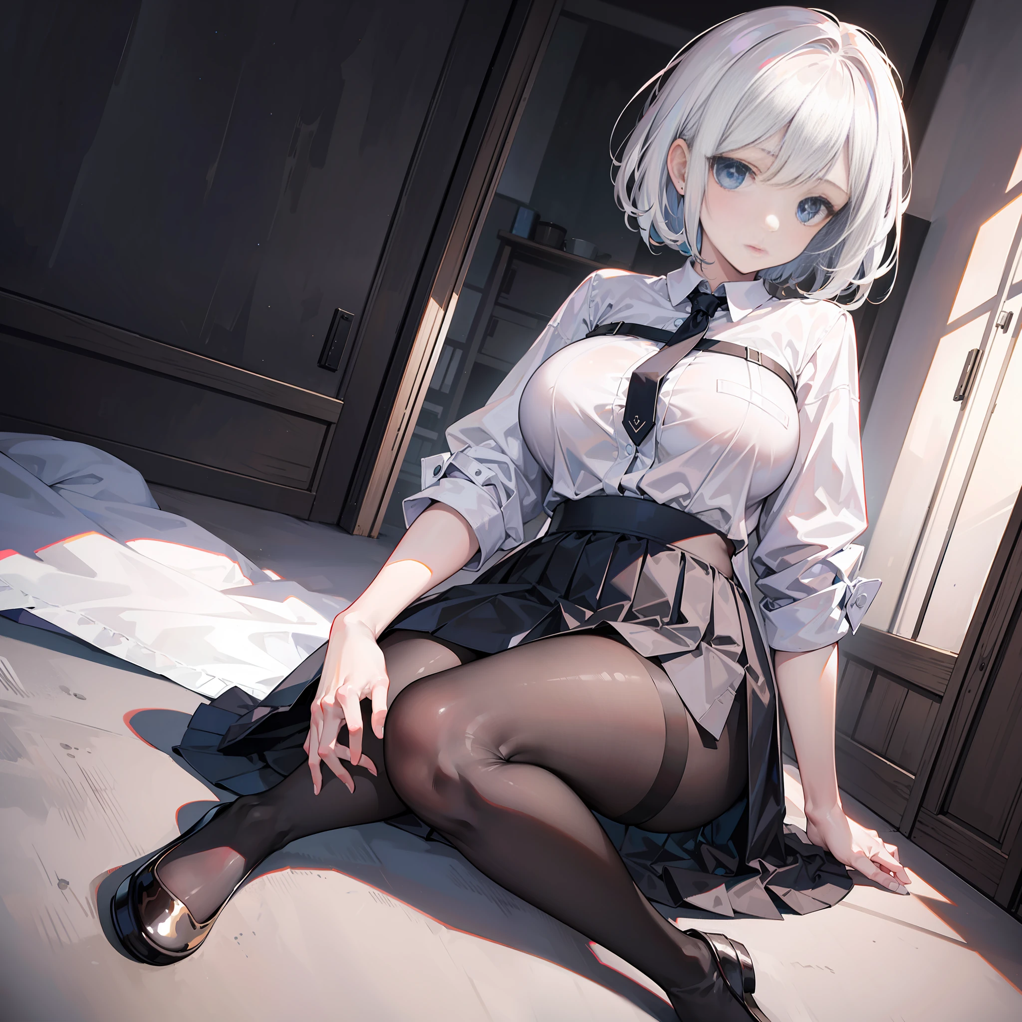ultra realistic 8k cg, picture-perfect face, flawless, clean, masterpiece, professional artwork, famous artwork, perfect face, beautiful face, beautiful eyes, ((perfect female body)),large breasts, solo,
,skirt,,blush,seductive expression,extremely detailed_eyes,thick thighs,room,((white hair)), short hair,
beautifully detailed background,depth of field,,bdsm,skindentation,full body,shirt,
pantyhose,