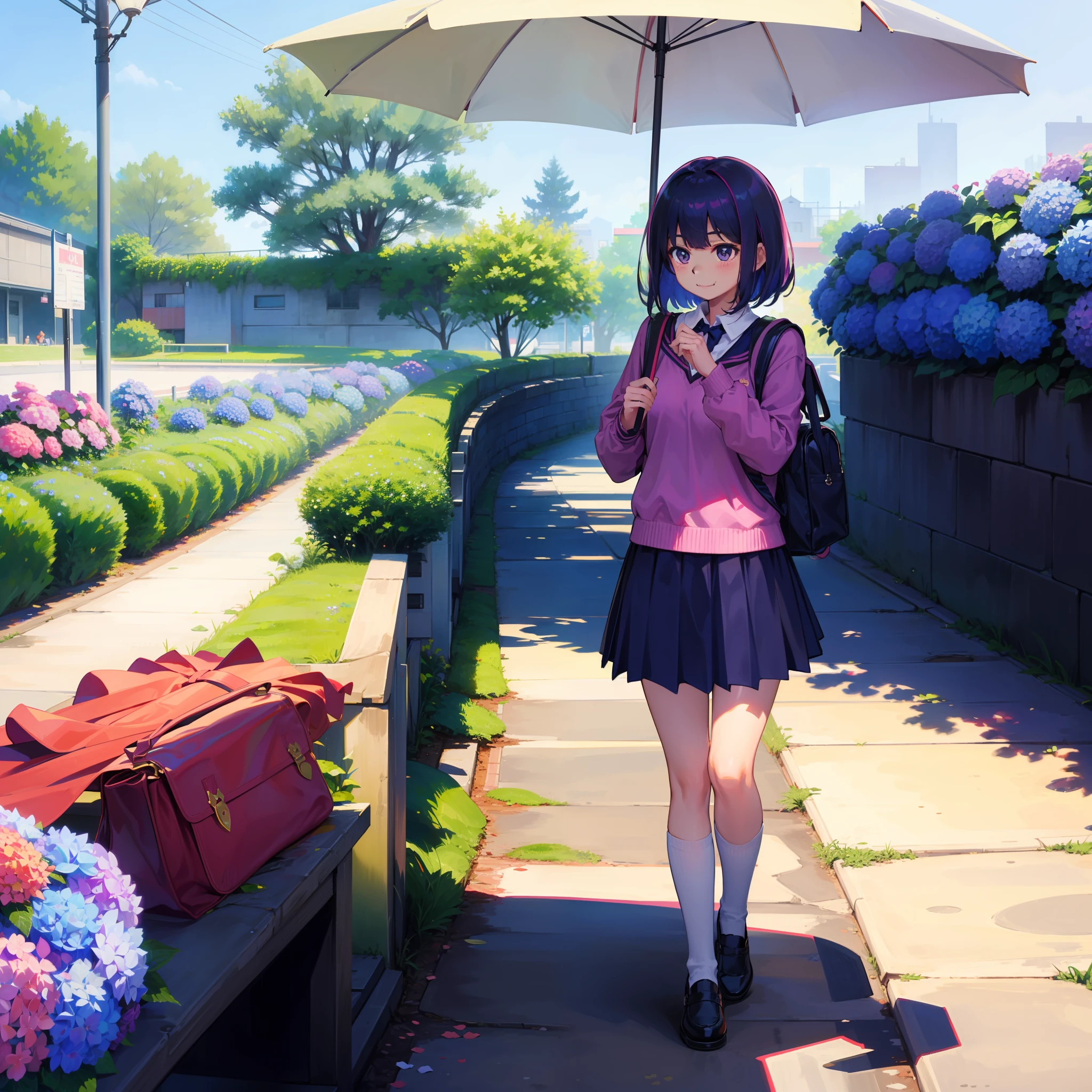 elementary student a beauty girl a short bob、sano A smile、Blouse、jumper skirt sockes、espadrilles、red school bag、Way back、Plum rain、hydrangeas、froggy、umbrellas、Sateen