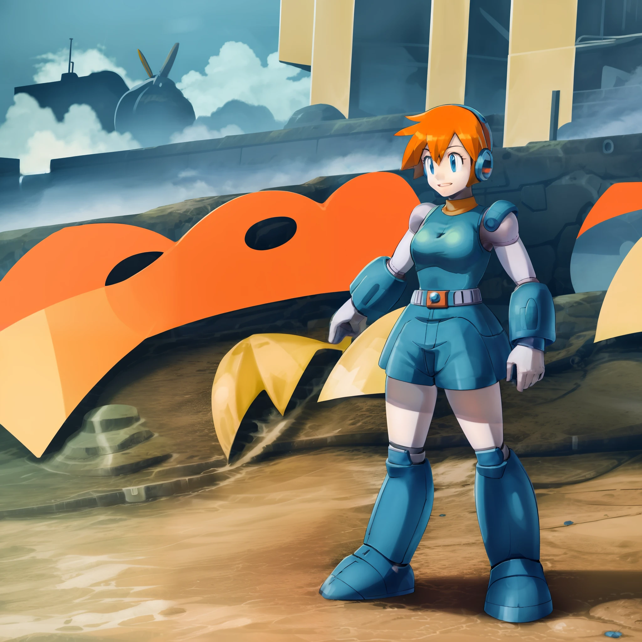 1girl, misty (pokemon), orange hair, solo, shorts, suspenders, side ponytail, orange hair, yellow shirt, short hair, shorts, smile, cowboy shot, standing, outdoors, 1Girl, Heavily armored, cybernetic heavy armor, arm gloves, knee-height skirt, heavy cybernetic boots, heavy cybernetic arms, heavy cybernetic torso, waist belt, megamanX heavy armor, bulky megamanX armor, reploid armor, heavy Hair, Armored cone dress, Extremely Heavy body armor, large wide dress, Waitor Dress, Heavy Torso Armor, wearing headset, wearing scarf, wearing hair bandanna, pokemon-Ranger outfit, heavy ranger outfit