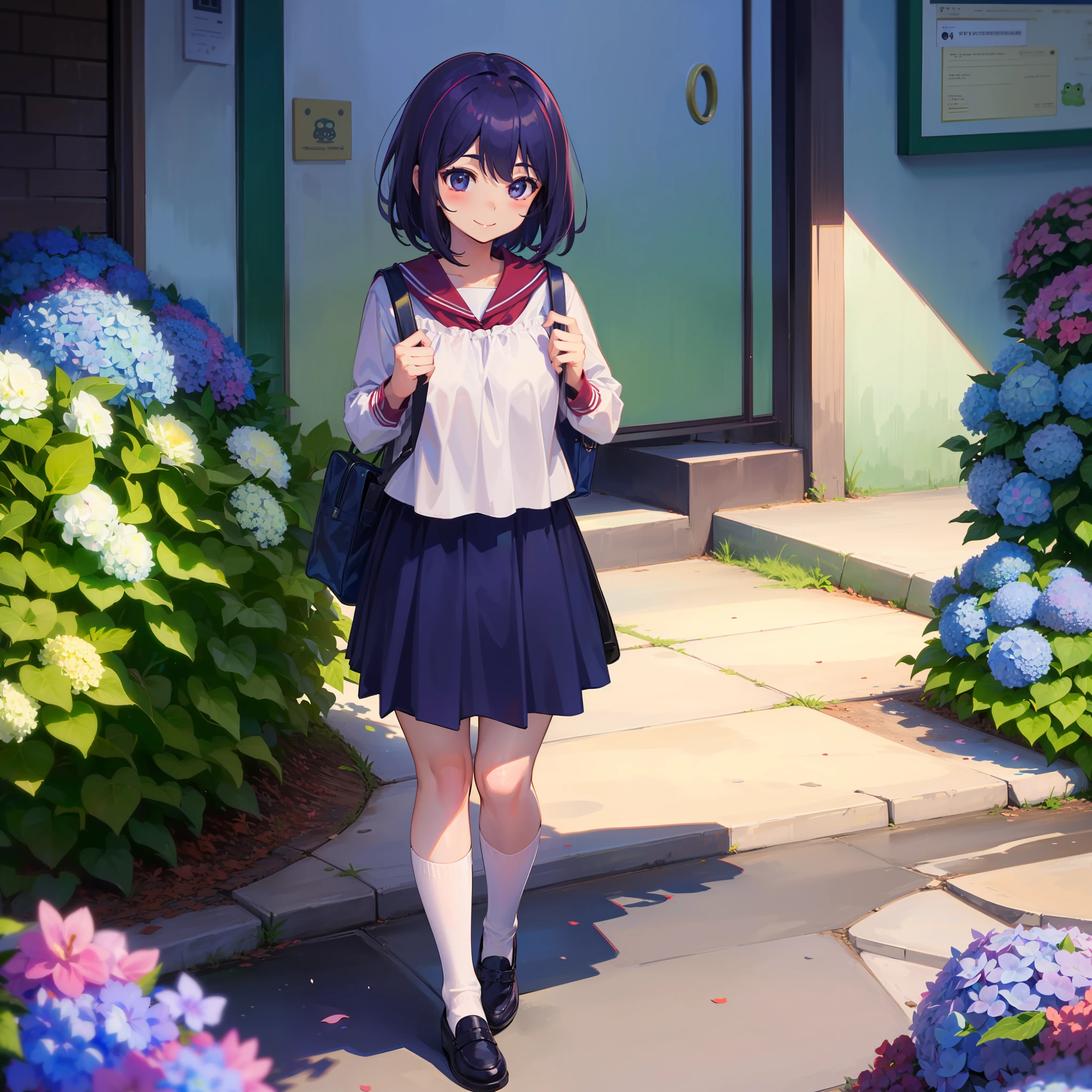 elementary student a beauty girl a short bob、sano A smile、Blouse、jumper skirt sockes、espadrilles、red school bag、Way back、Plum rain、hydrangeas、froggy、umbrellas、Sateen