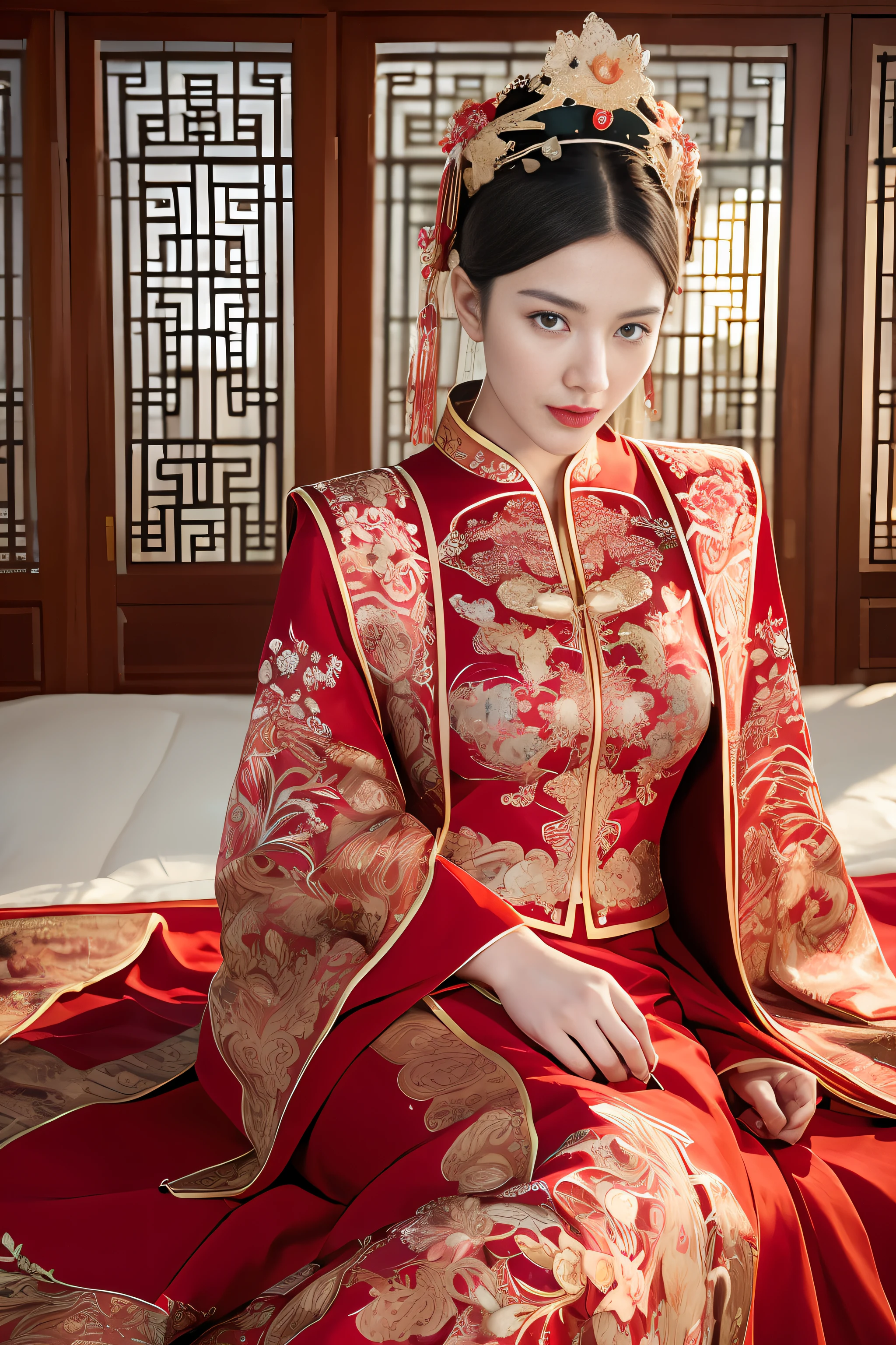 (ultra realistic 8k CG:1.2),perfect artwork,delicate pattern,intricate detail, (unparalleled masterpiece,best quality:1.2),(extremely intricate:1.2),a woman in a red and gold dress, Phoenix crown,hair stick,(sitting on red bed),Cosmetic,blush,shy,black_hair, looking down, Cosmetic,(forehead dot),(2 red candles), chinese_clothes, curtains, earrings, hair_ornament, hanfu, indoors, jewelry, red nails, long_sleeves, red dress, red lips, tassel, (Red quilt),(red palace:1.2),(ancient Chinese architecture),(red:1.8),night