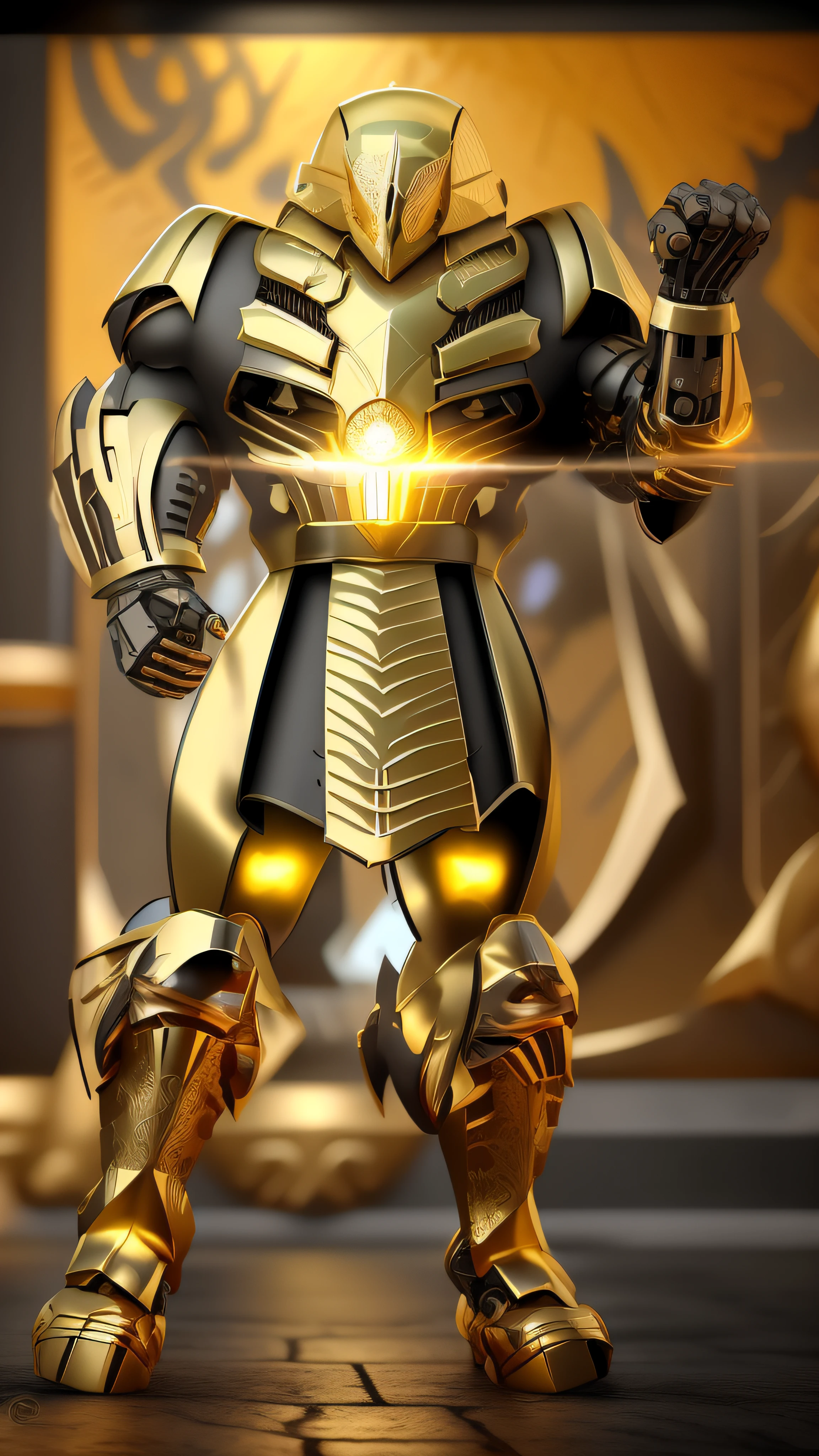 A closeup of a robot with a shiny arm and a sword, Armadura obsidiana de ouro pesado, armadura pesada de ouro. Dramatic, Armadura Obsidiana de Ouro, armadura dourada vestindo, luz saindo da armadura, Armadura Dourada, Ouro Sci - Armadura de Fi:, Armadura dourada, armadura dourada pesada, Armadura dourada de Paladin, Armadura preta e dourada, unreal motor render saint seiya