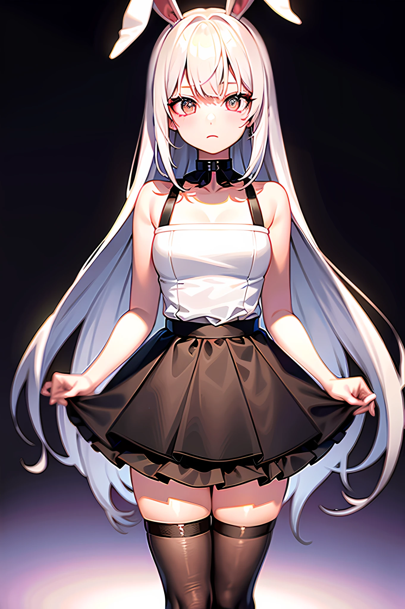 best quality, ultra high res, 1girl, sleeveless white button shirt, black skirt, black choker, cute, (Kpop idol), (aegyo sal:1), (platinum blonde hair:1), ((puffy eyes)), looking at viewer, full body, facing front