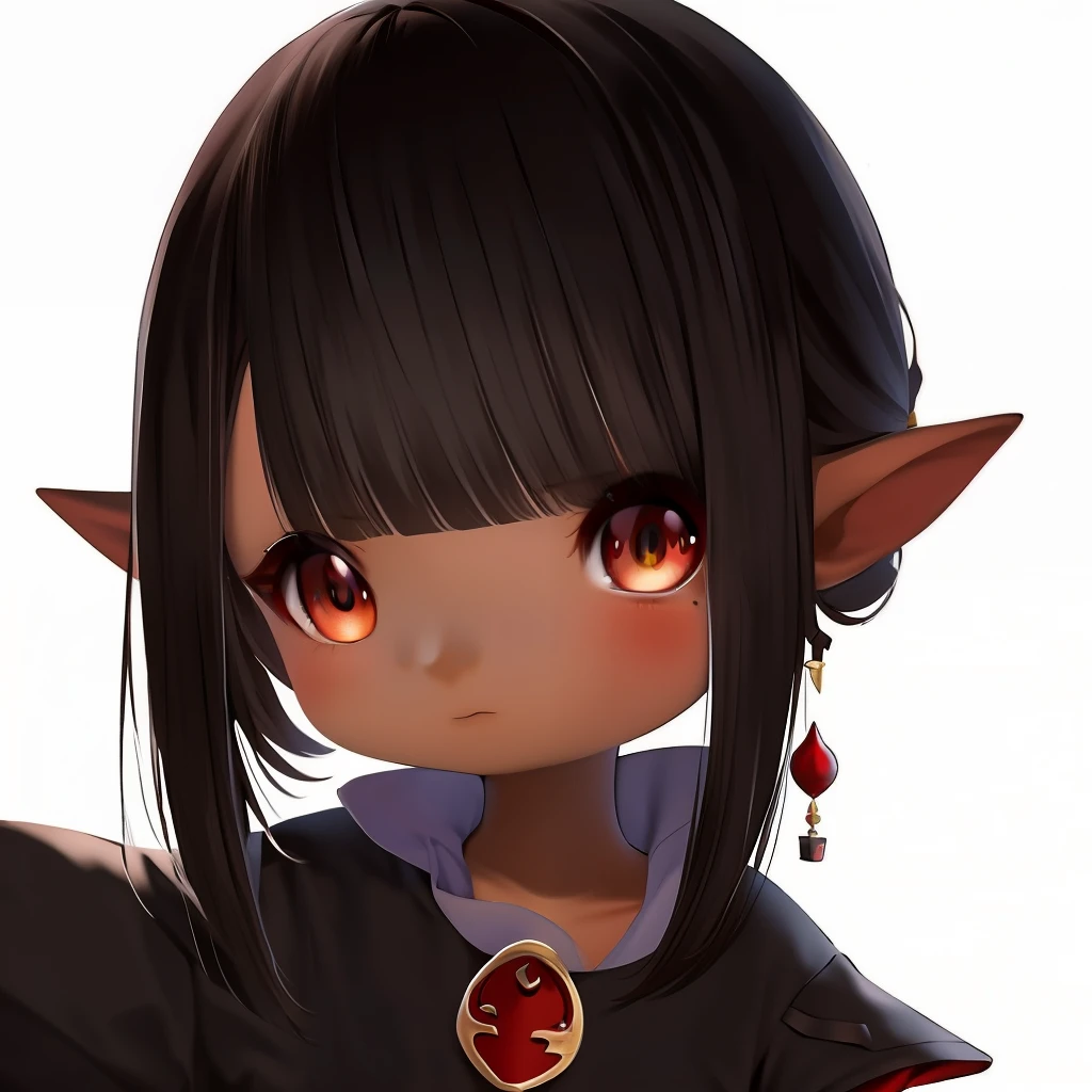 ​masterpiece、detaileds、Soft lighting、Side tail、Gots cat girl with white hair、((Dark brown skin))、Red-eyed chibi、white backgrounid、simple background、FFXIV、lalafell、Red Demon Taoist