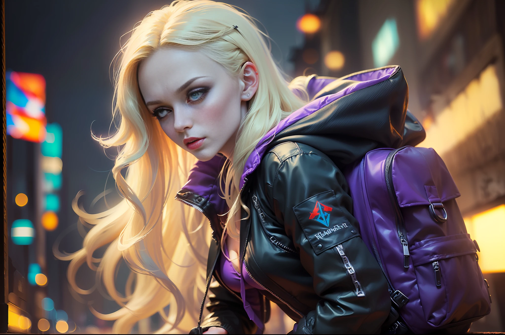 ( 
    (Character: one russian woman, escapist, long wave hair, blonde hair)
    (Clothing: black jacket, purple futuristic jumpsuit, backpack)
    (close shot:1.3, extremely detailed, (dynamic pose))
    (nighttime city, dimly lit, noir atmosphere:1, gloomy atmosphere, purple ominous lighting) 
    (Style: ((masterpiece:1.5)), (face detailed), photo-realistic:1.3, hyperrealistic, film grain)
)