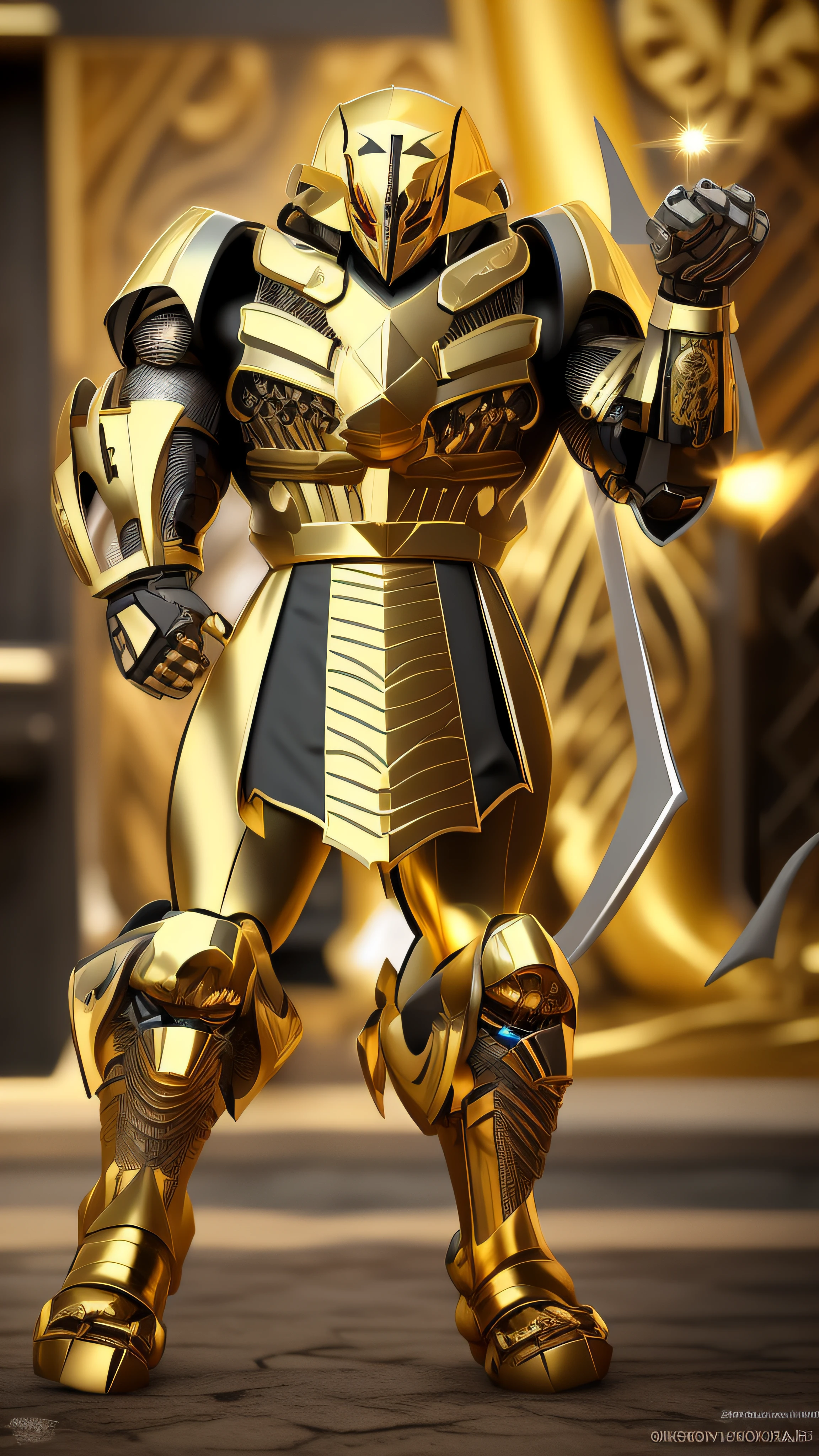 A closeup of a robot with a shiny arm and a sword, Armadura obsidiana de ouro pesado, armadura pesada de ouro. Dramatic, Armadura Obsidiana de Ouro, armadura dourada vestindo, luz saindo da armadura, Armadura Dourada, Ouro Sci - Armadura de Fi:, Armadura dourada, armadura dourada pesada, Armadura dourada de Paladin, Armadura preta e dourada, unreal motor render saint seiya